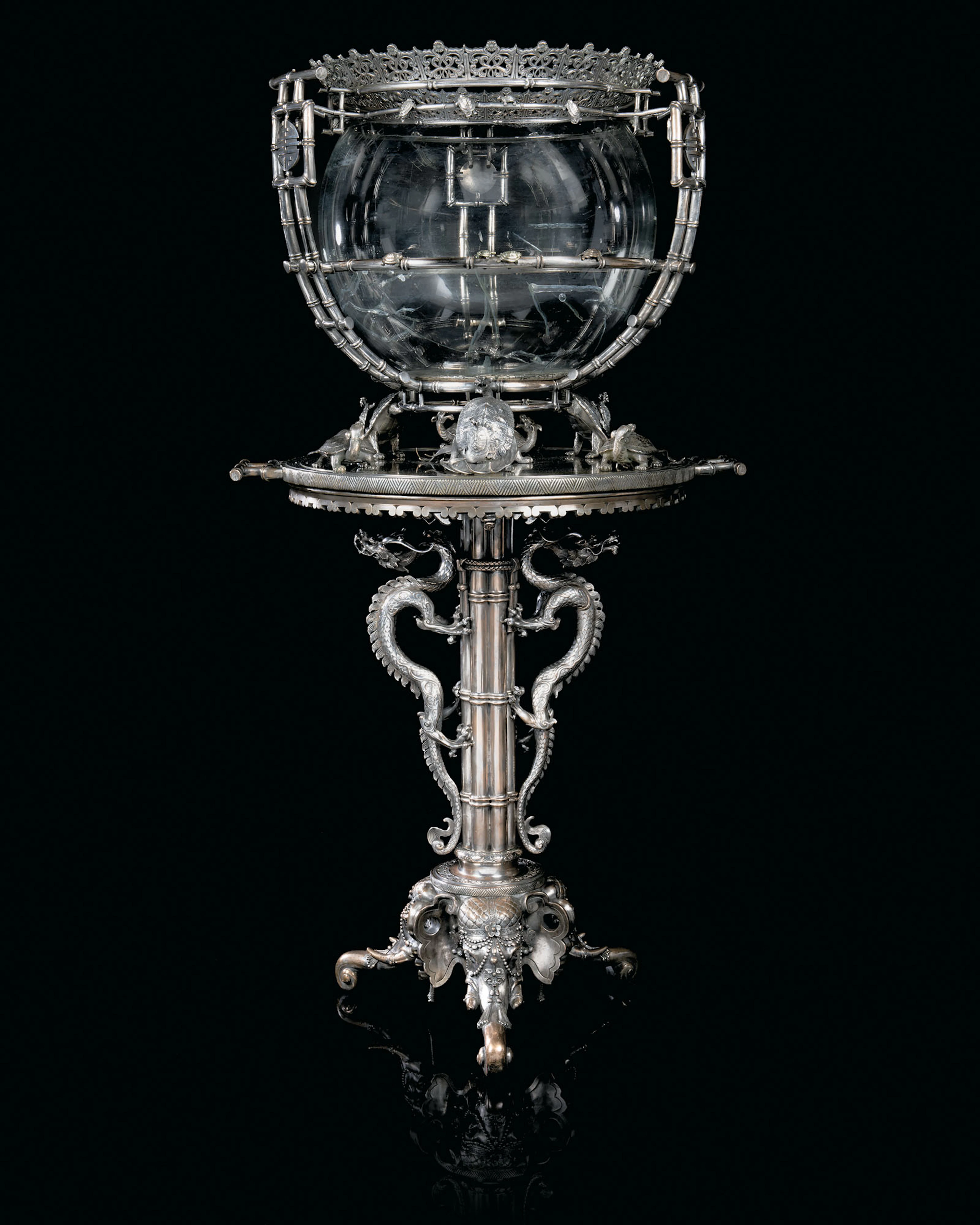A FRENCH ‘JAPONISME’ SILVERED-BRONZE AQUARIUM AND PEDESTAL