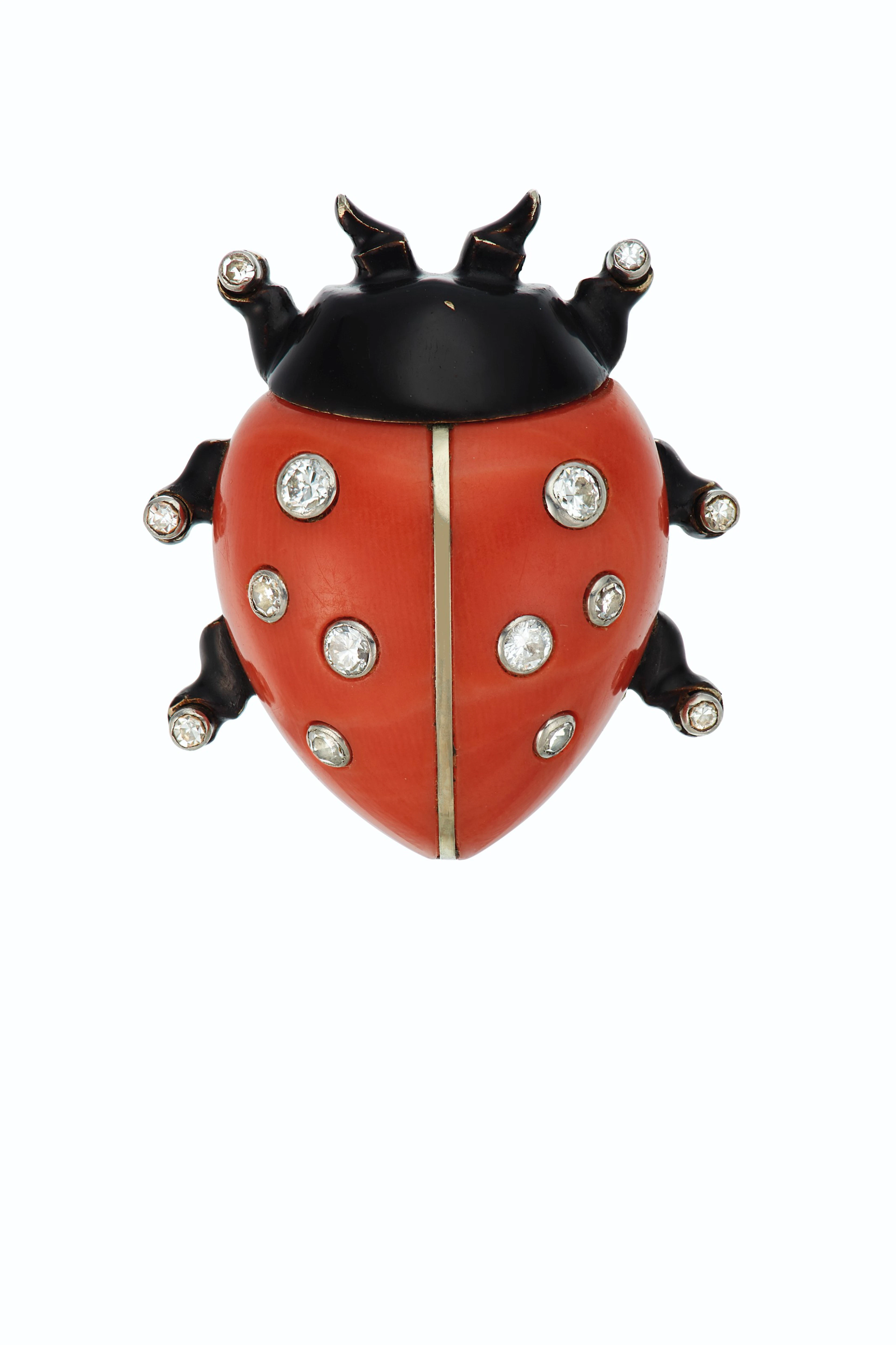 ART DECO CORAL, DIAMOND AND ENAMEL LADYBUG CLIP, CARTIER