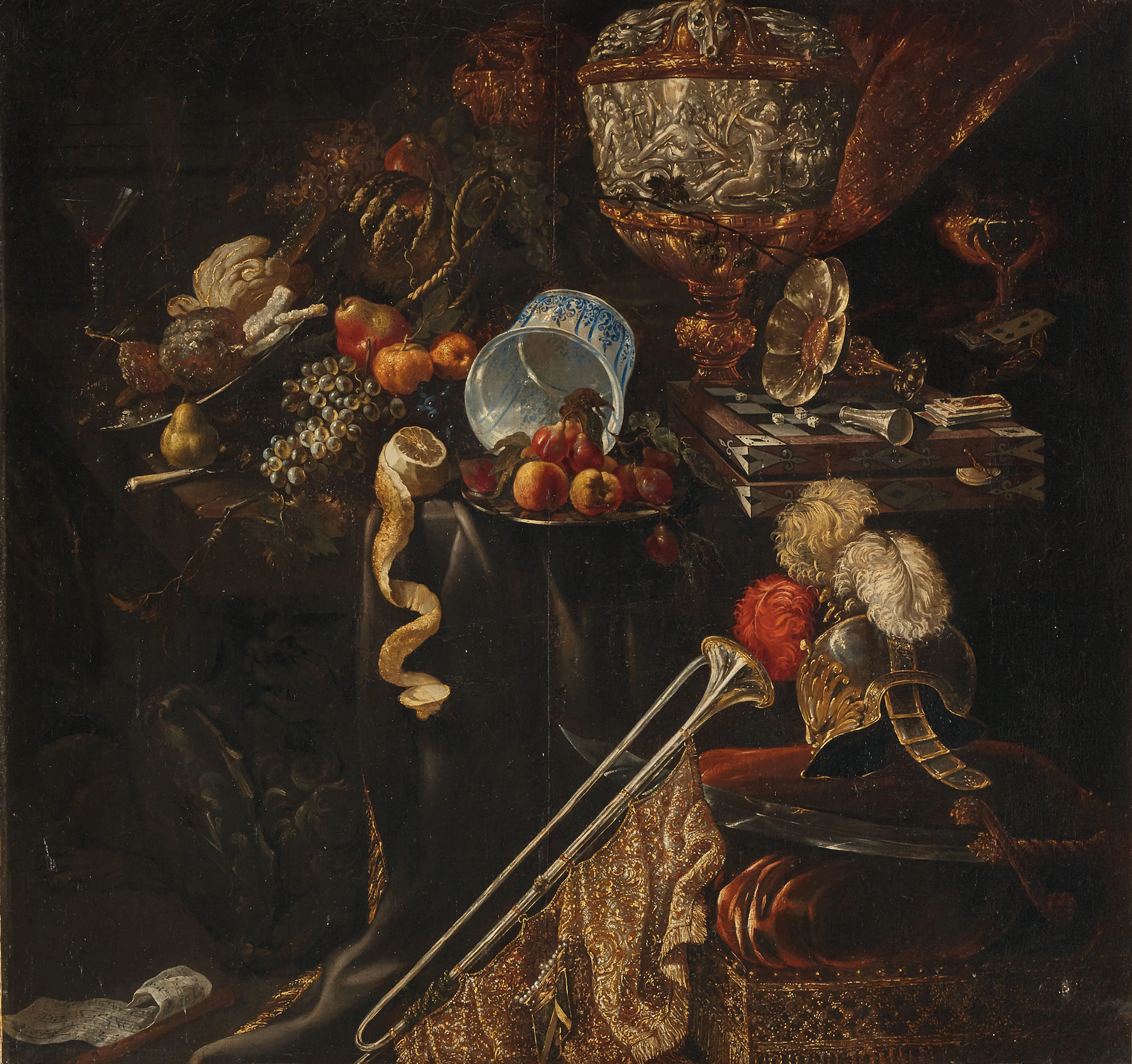 Nature morte aux fruits, pièces d'orfèvrerie et instruments de musique