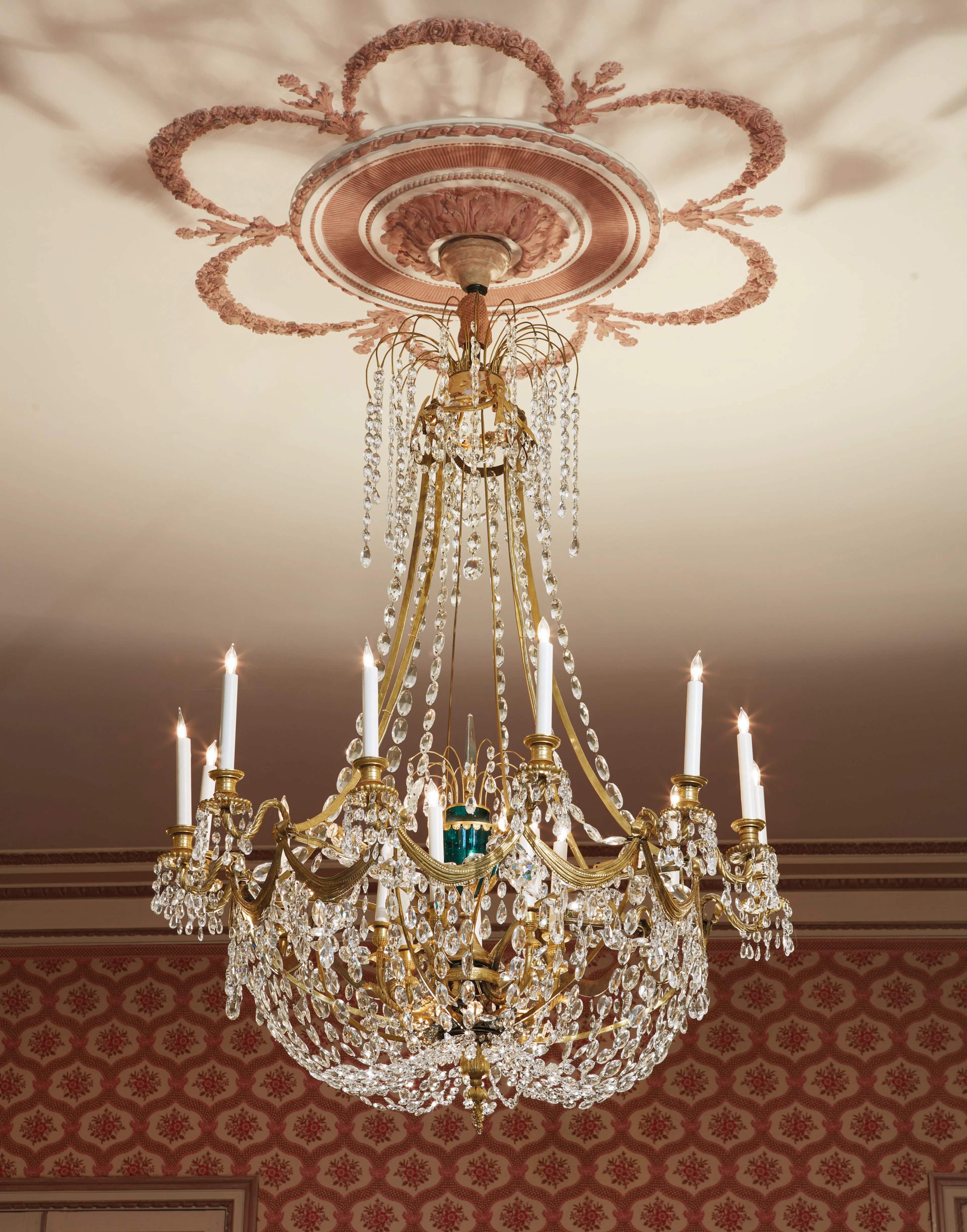 A RUSSIAN ORMOLU AND GREEN AND CUT COLORLESS GLASS EIGHTEEN-LIGHT CHANDELIER