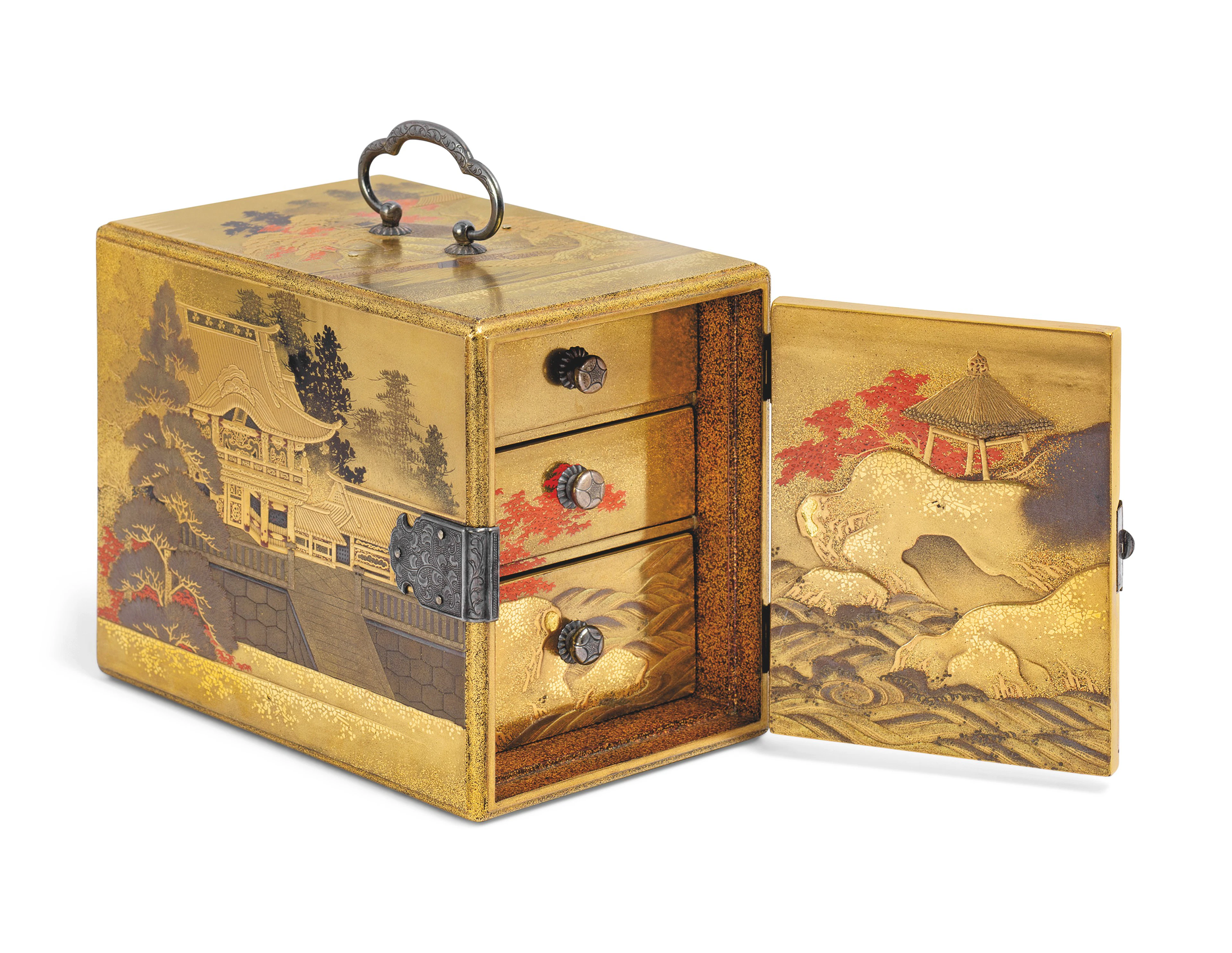 A FINE MINIATURE LACQUER CABINET ( KODANSU ) WITH SCENES OF NIKKO