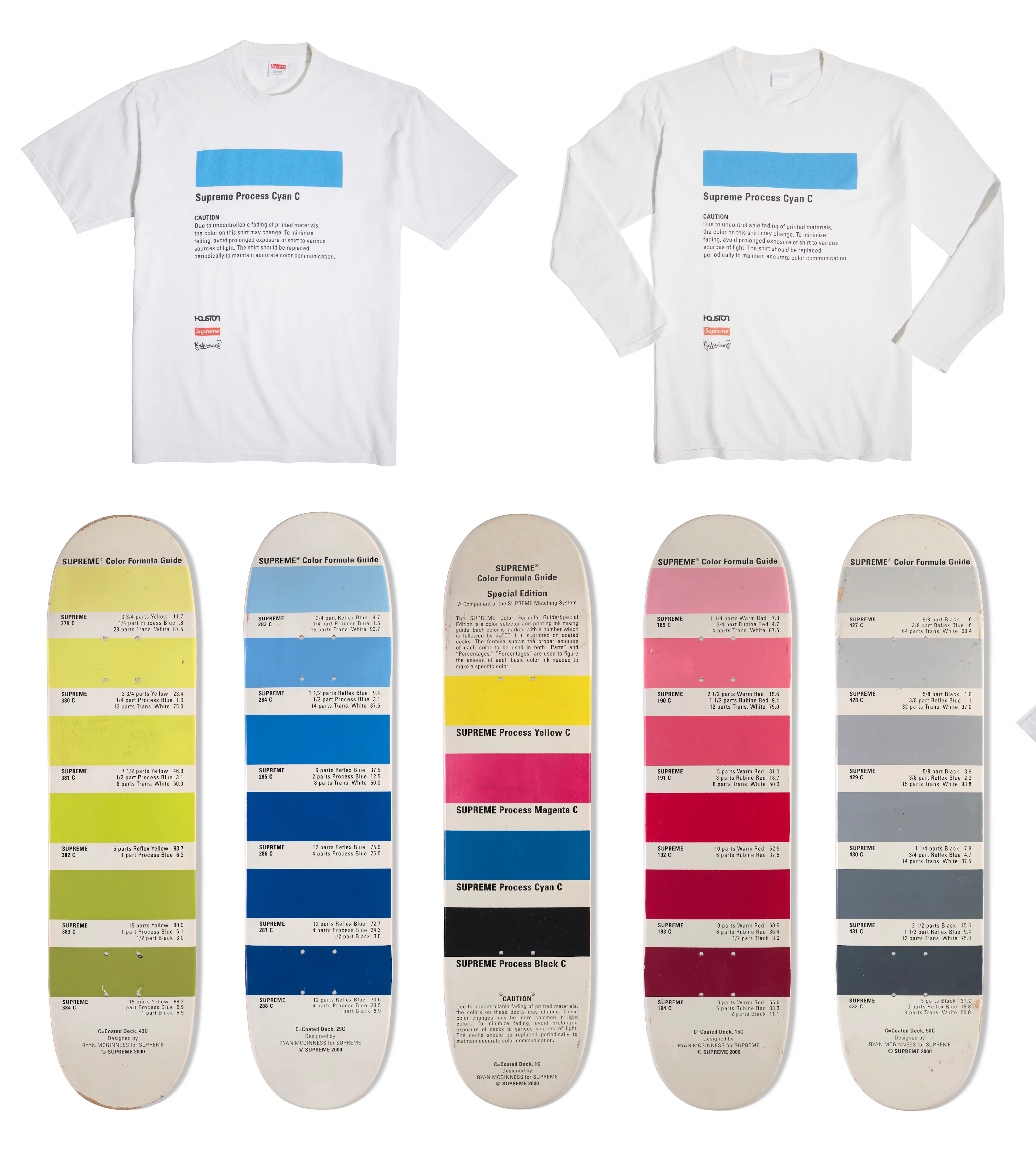 A SET OF RYAN MCGINNESS 'PROCESS' SKATEBOARD DECKS & T-SHIRTS