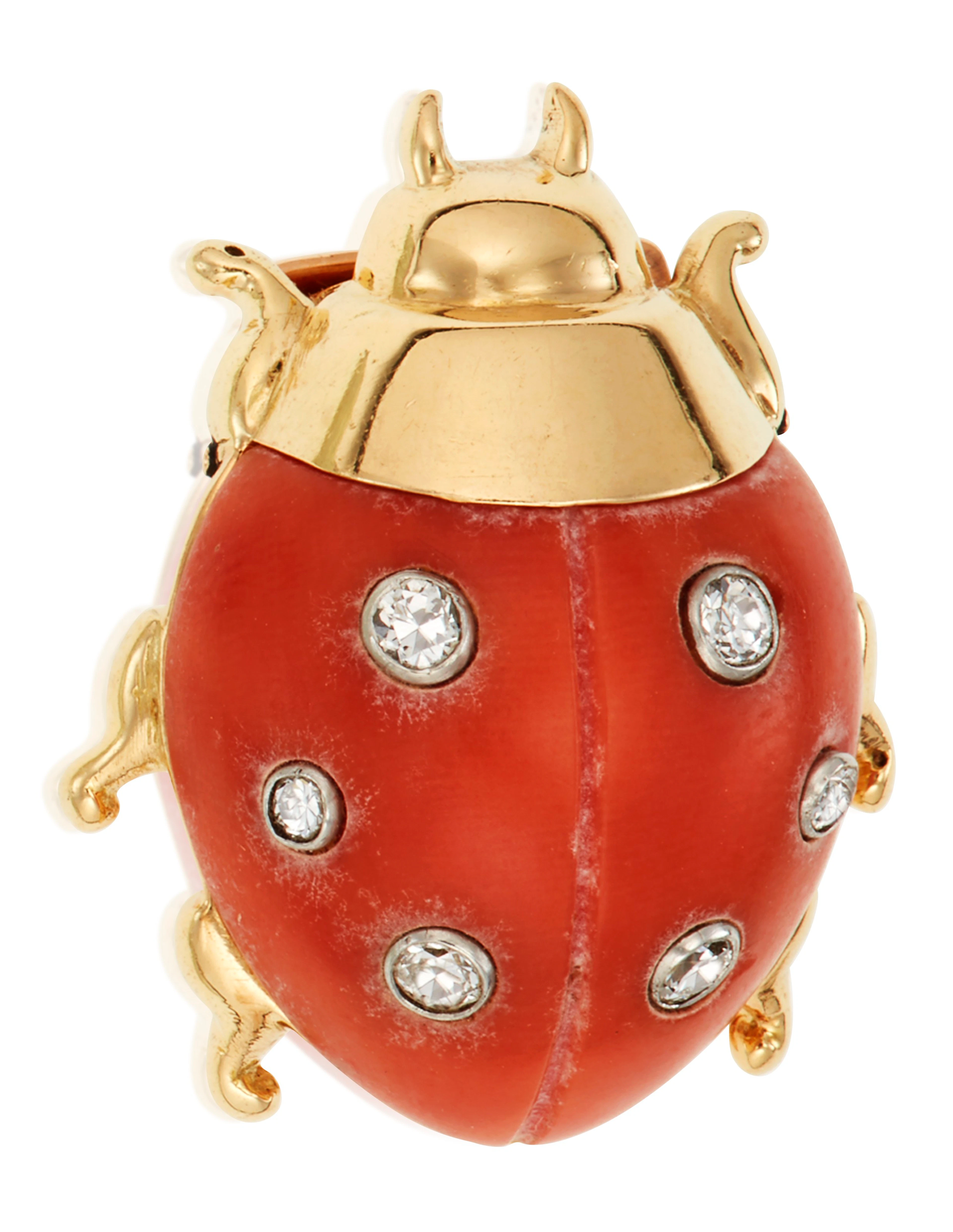 CARTIER CORAL AND DIAMOND LADYBUG BROOCH