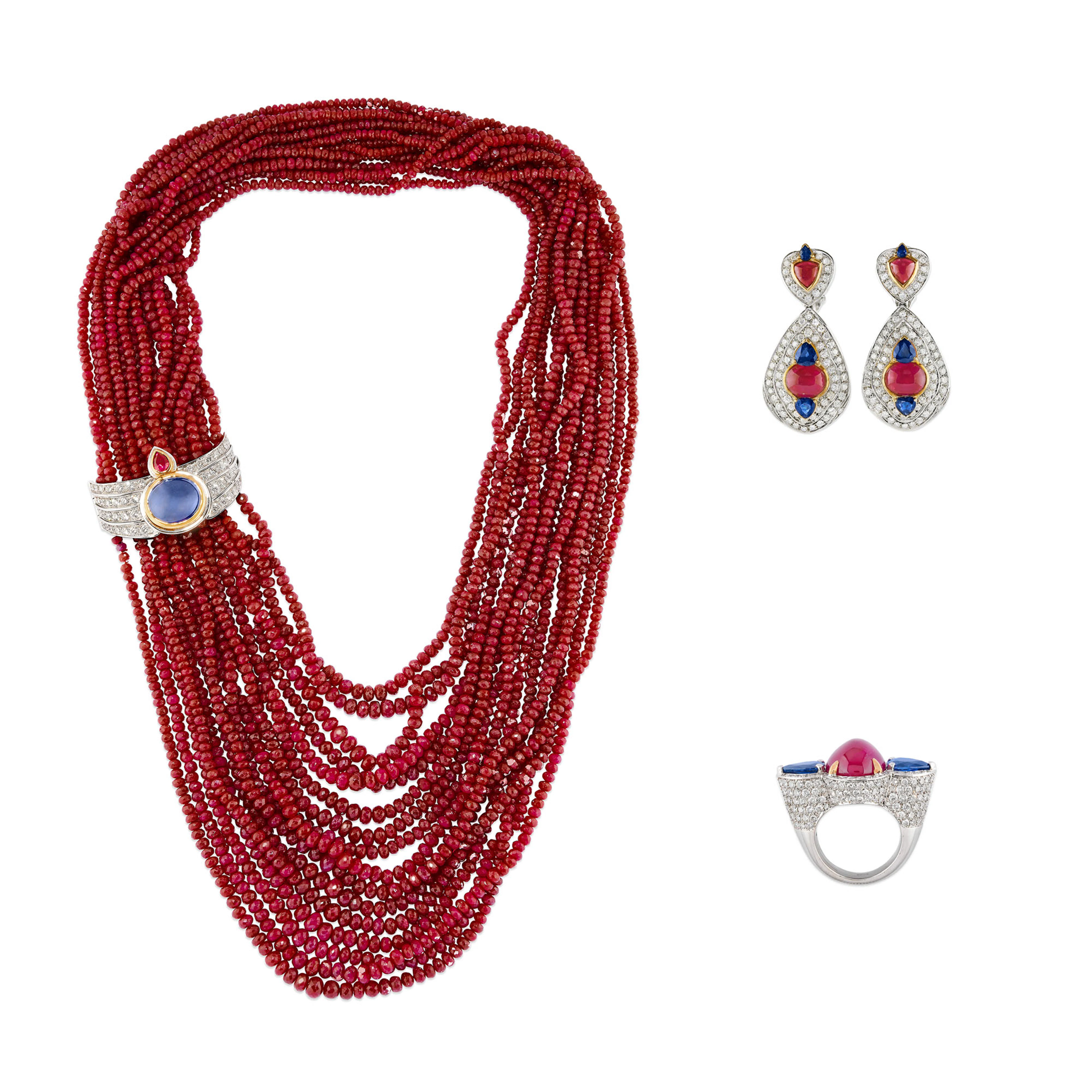 SUITE COLLANA, ORECCHINI E ANELLO CON RUBINI, ZAFFIRI E DIAMANTI, REPOSSI