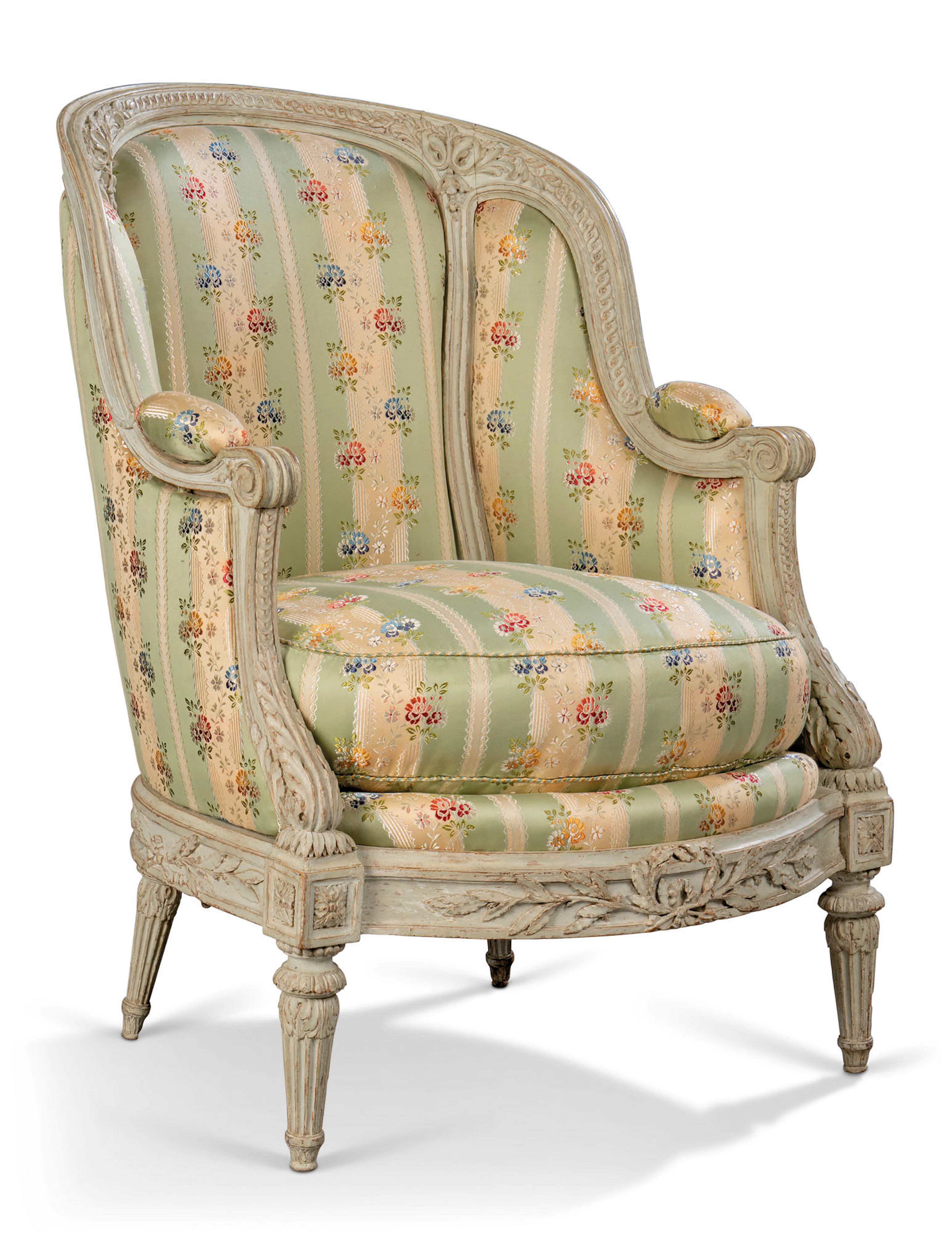 A LATE LOUIS XV GREY-PAINTED BERGERE