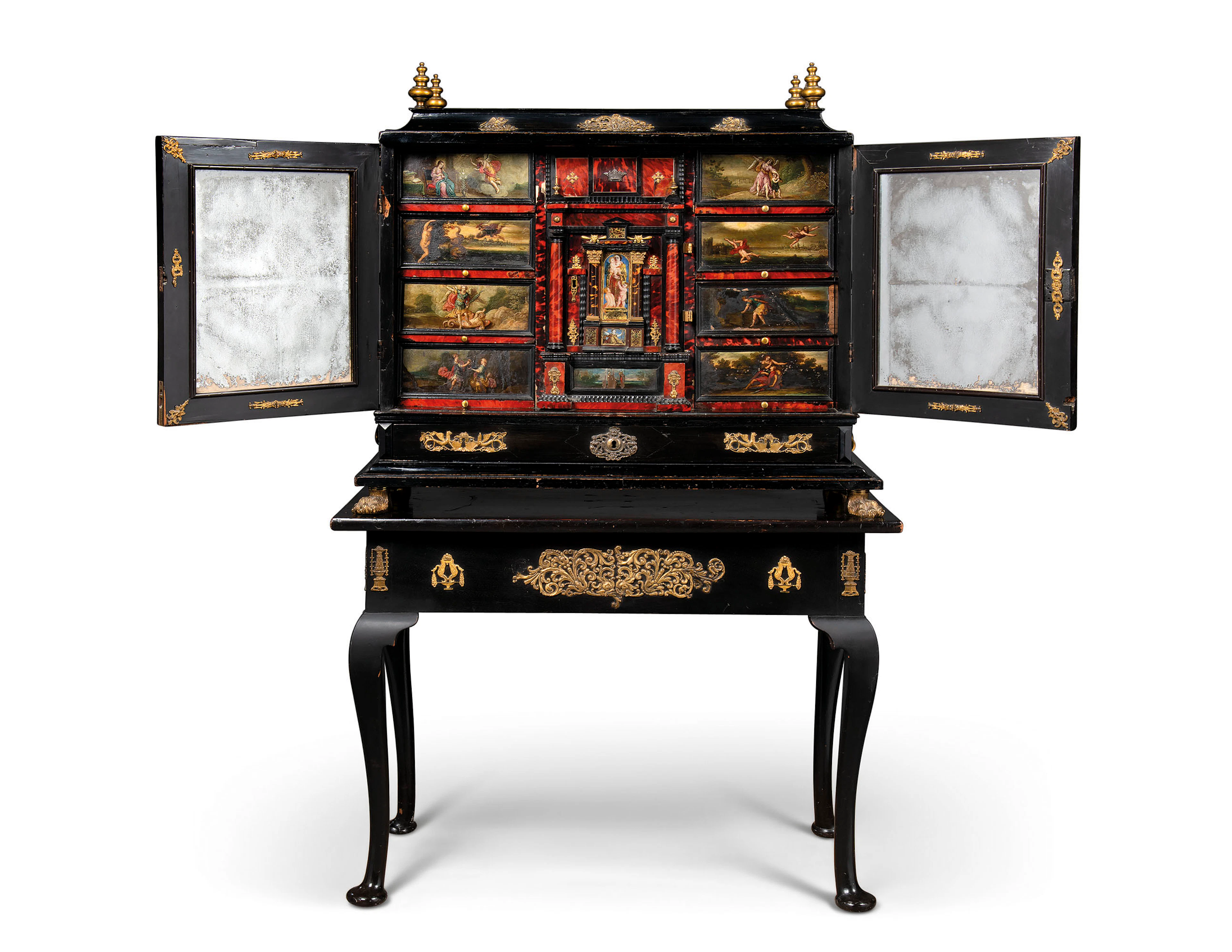 A FLEMISH GILT-METAL-MOUNTED EBONY, TORTOISESHELL AND POLYCHROME-PAINTED CABINET