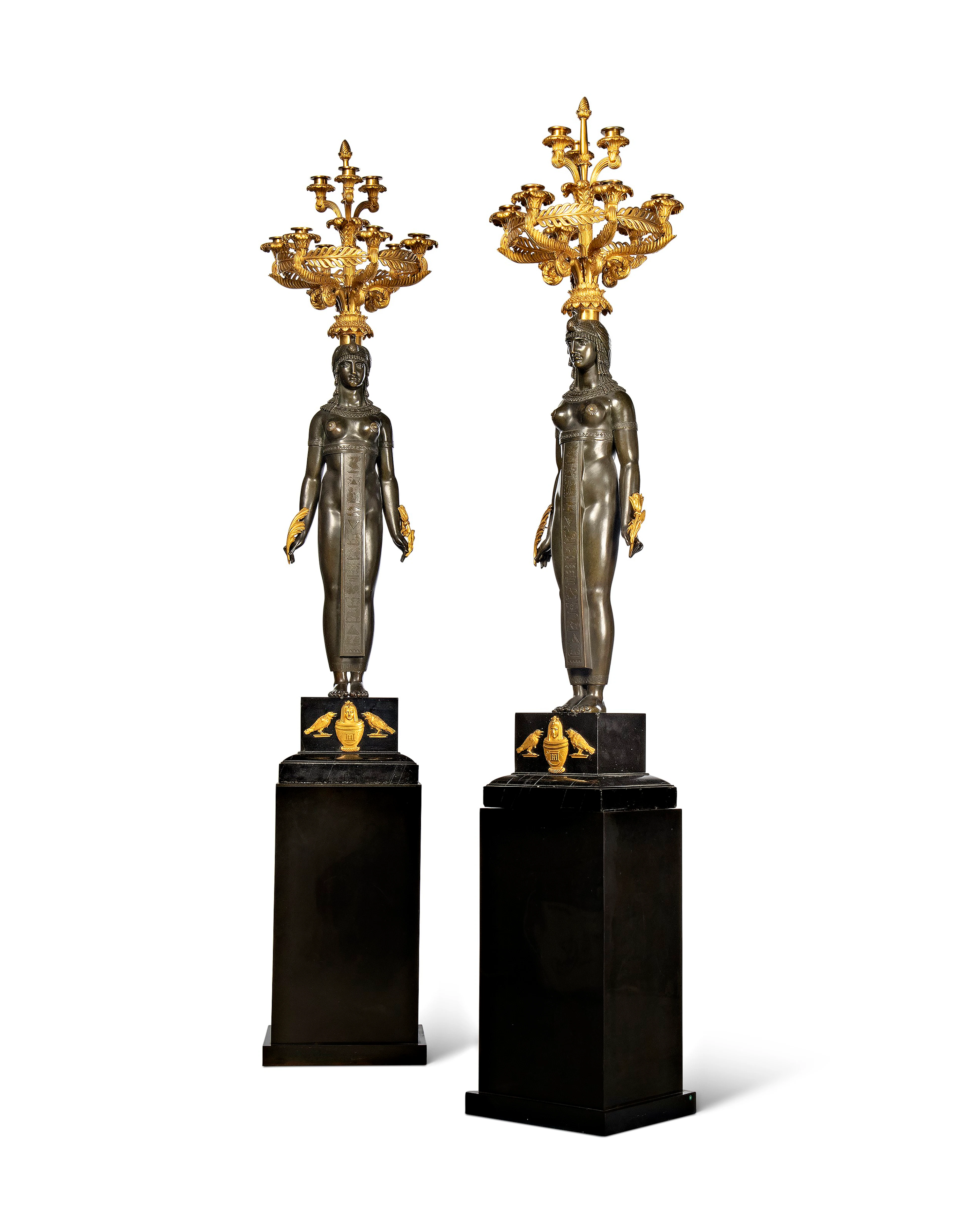 A PAIR OF LATE EMPIRE ORMOLU AND PATINATED BRONZE FIGURAL CANDELABRA
