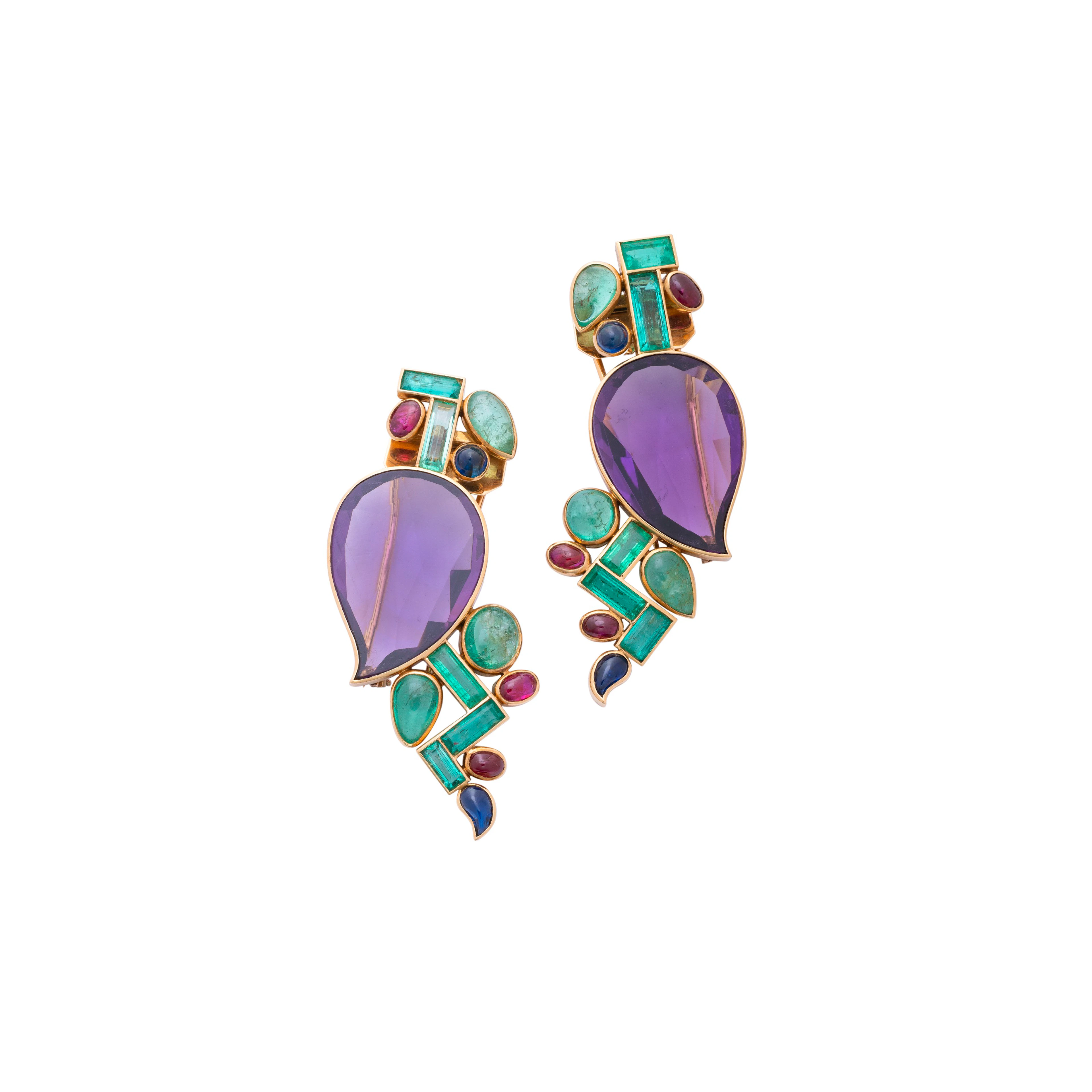 SUZANNE BELPERRON MULTI-GEM PAIR OF BROOCHES