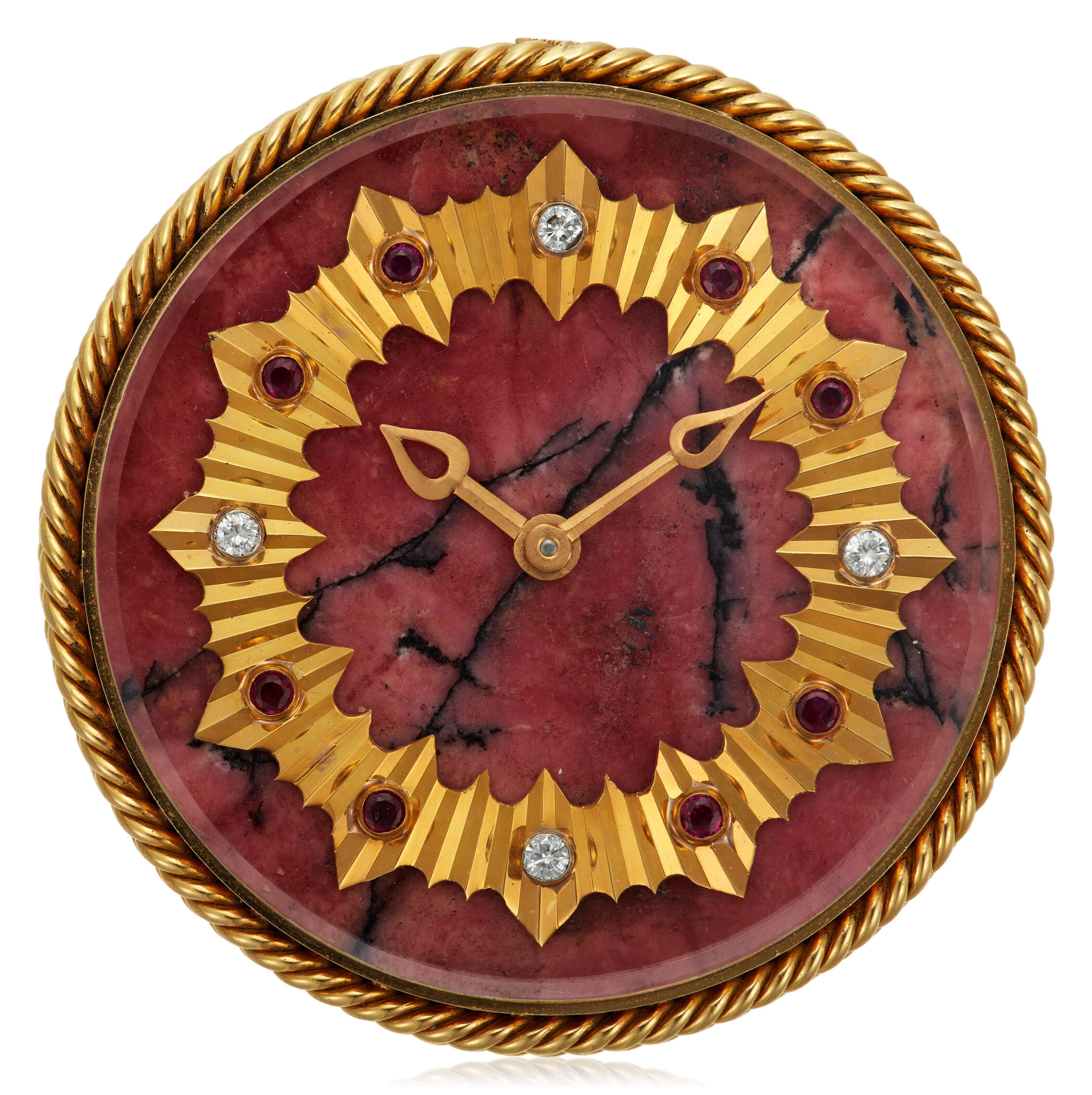 NO RESERVE VAN CLEEF & ARPELS DIAMOND, RUBY AND RHODONITE TRAVEL CLOCK