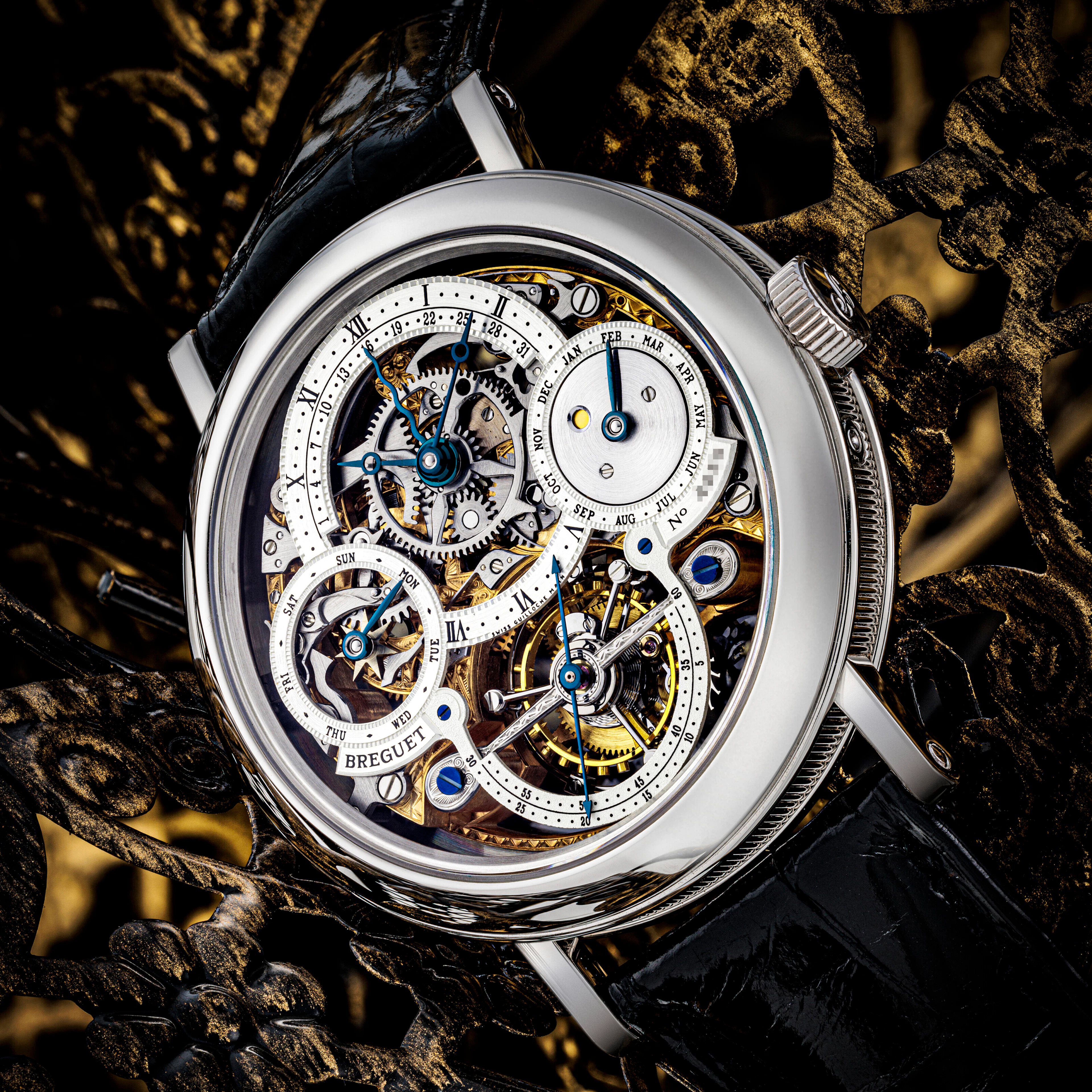 BREGUET. A RARE PLATINUM SEMI SKELETONISED PERPETUAL...