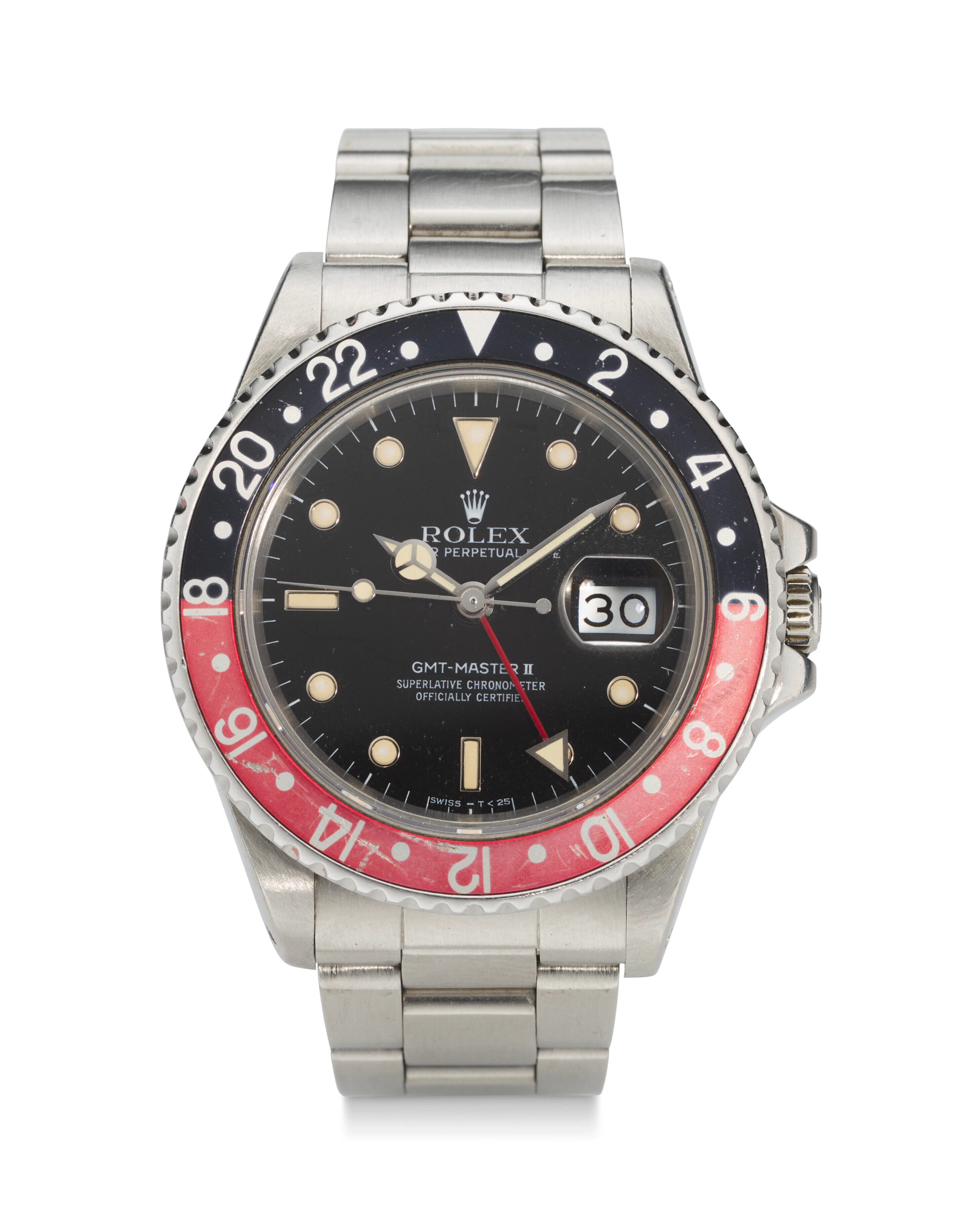ROLEX, REF. 16760, GMT MASTER, "COKE, FAT LADY" A STEEL DUAL TIME WRISTWATCH
