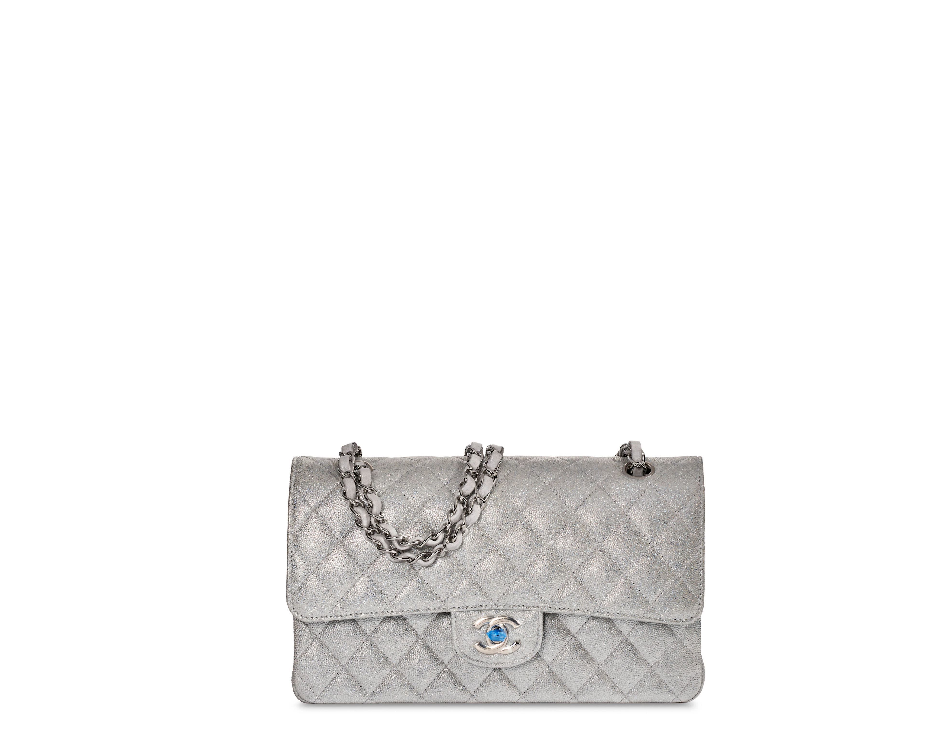 A METALLIC SILVER CAVIAR LEATHER MEDIUM DOUBLE FLAP WITH SILVER HARDWARE