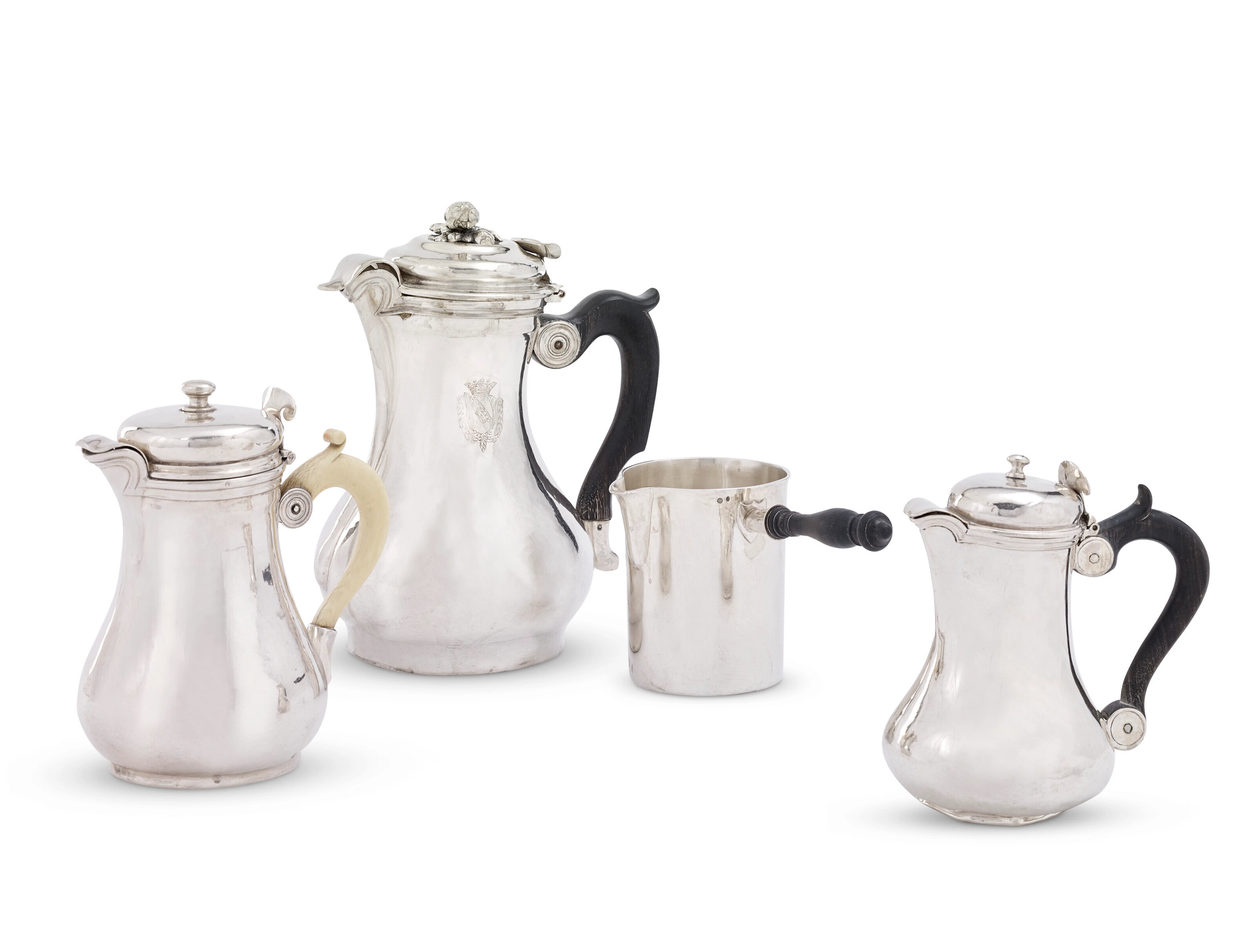 TROIS CAFETIERES MARABOUTS ET UNE LAITIERE EN ARGENT