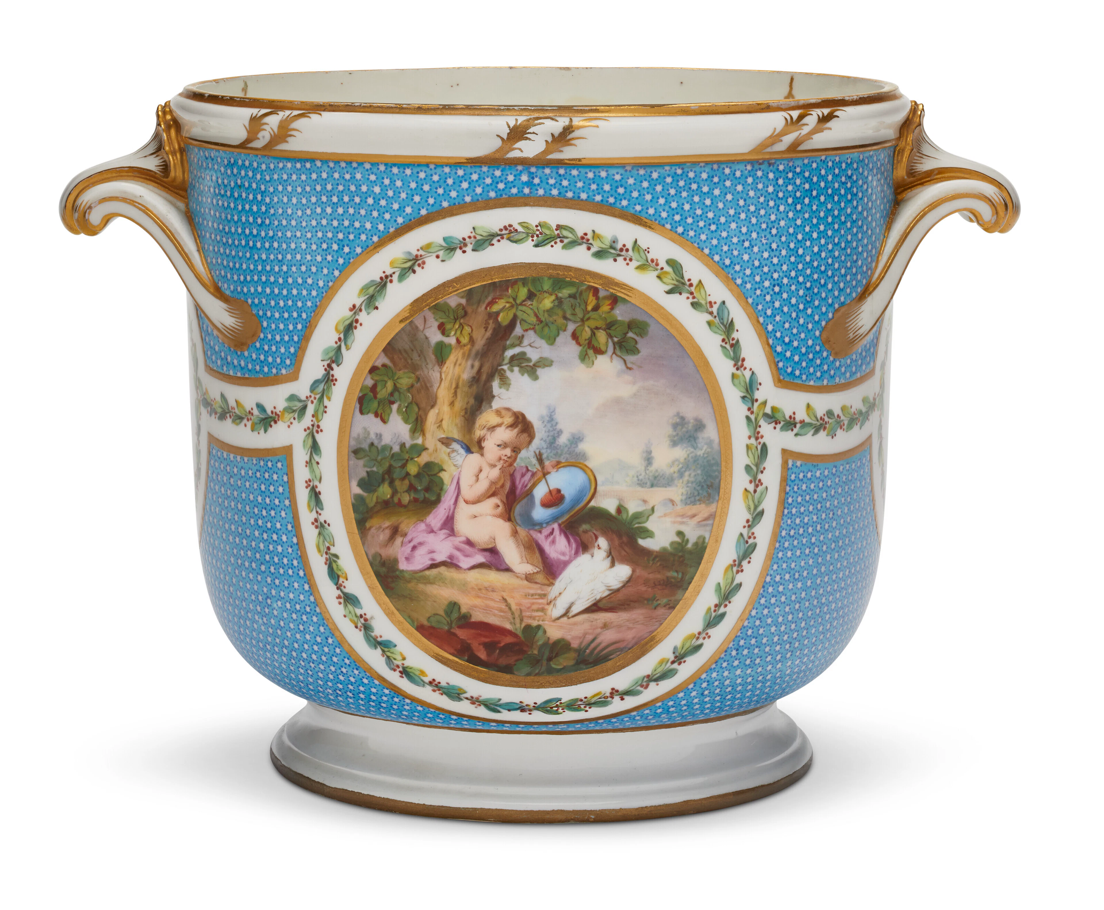 A SEVRES PORCELAIN 'BLEU CELESTE' POINTILLE BOTTLE COOLER...