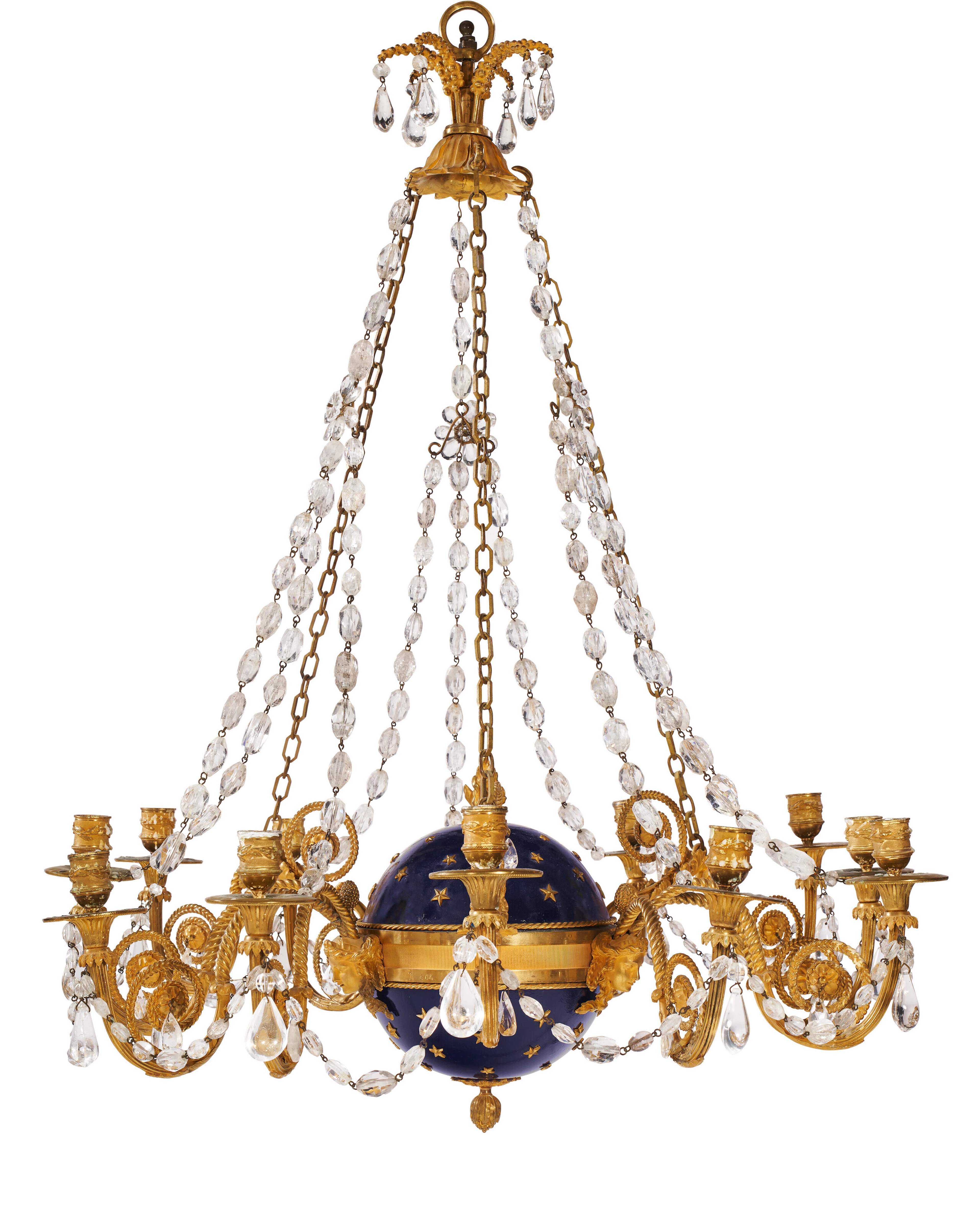 A DIRECTOIRE CUT-GLASS-MOUNTED ORMOLU AND ENAMELED TWELVE-LIGHT CHANDELIER