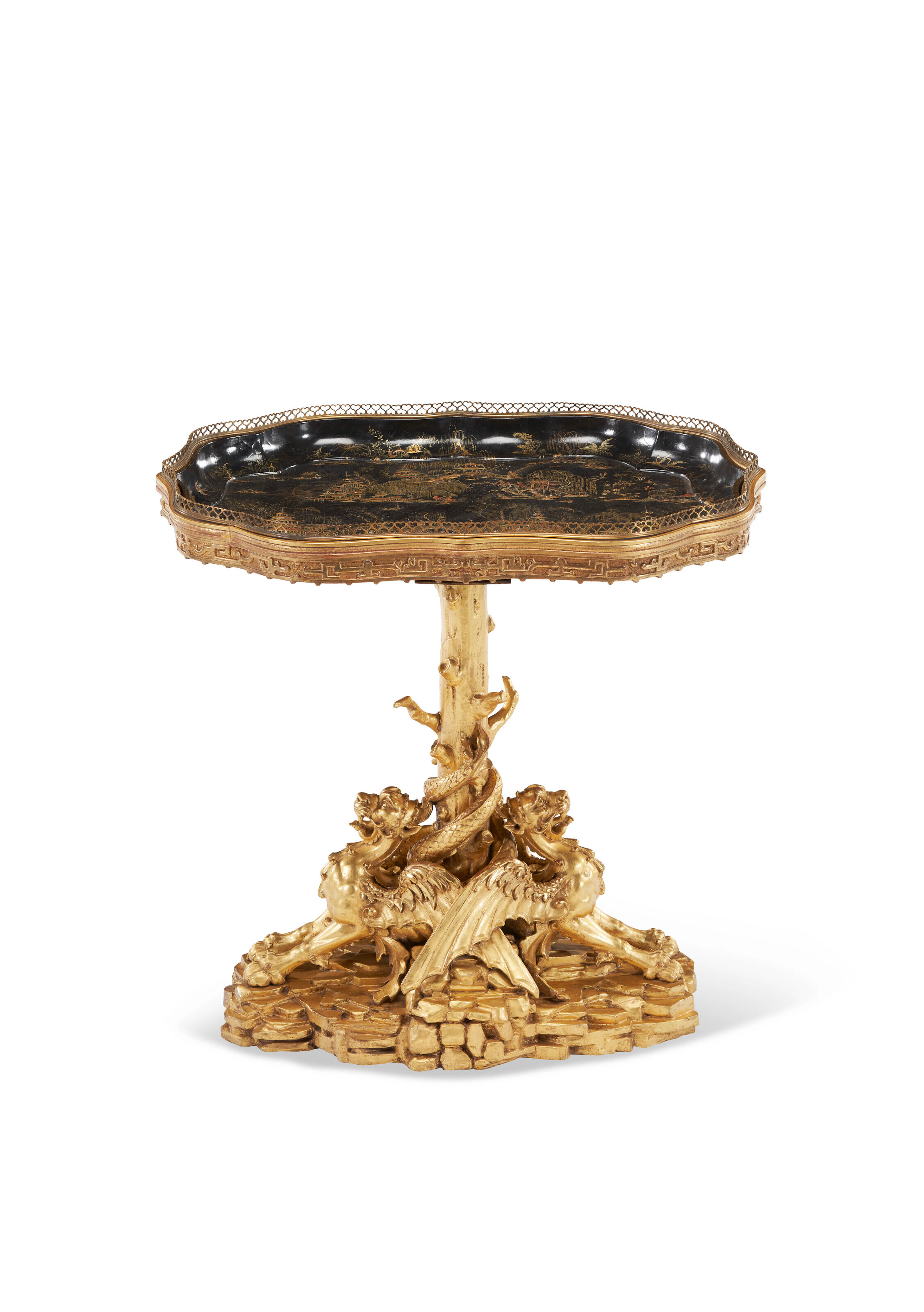 AN EARLY VICTORIAN PAPIER-MACHÉ TRAY ON A GILTWOOD STAND