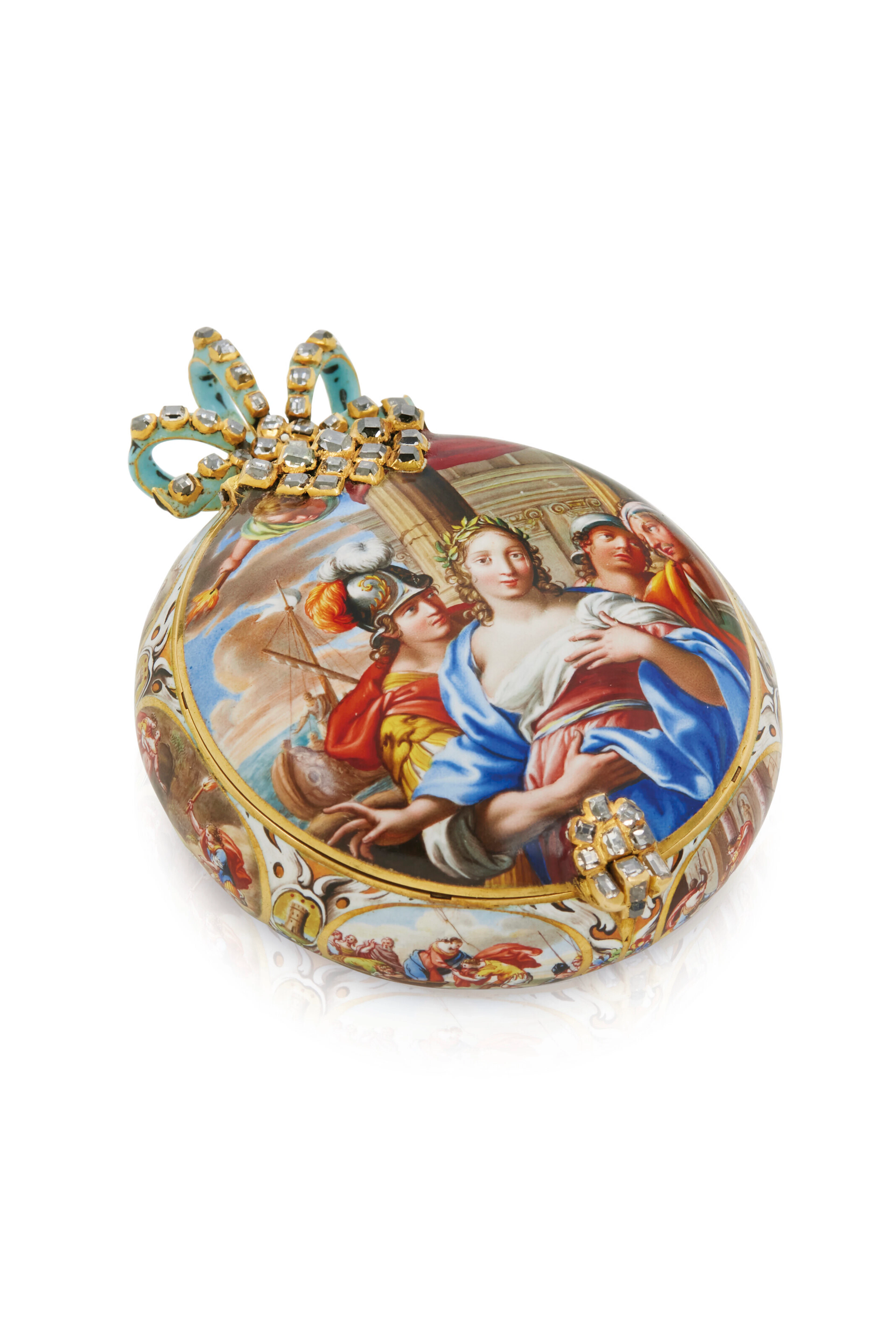 MONTRE RONDE EN OR, LAITON, DIAMANT ET EMAIL D'EPOQUE LOUIS XIV