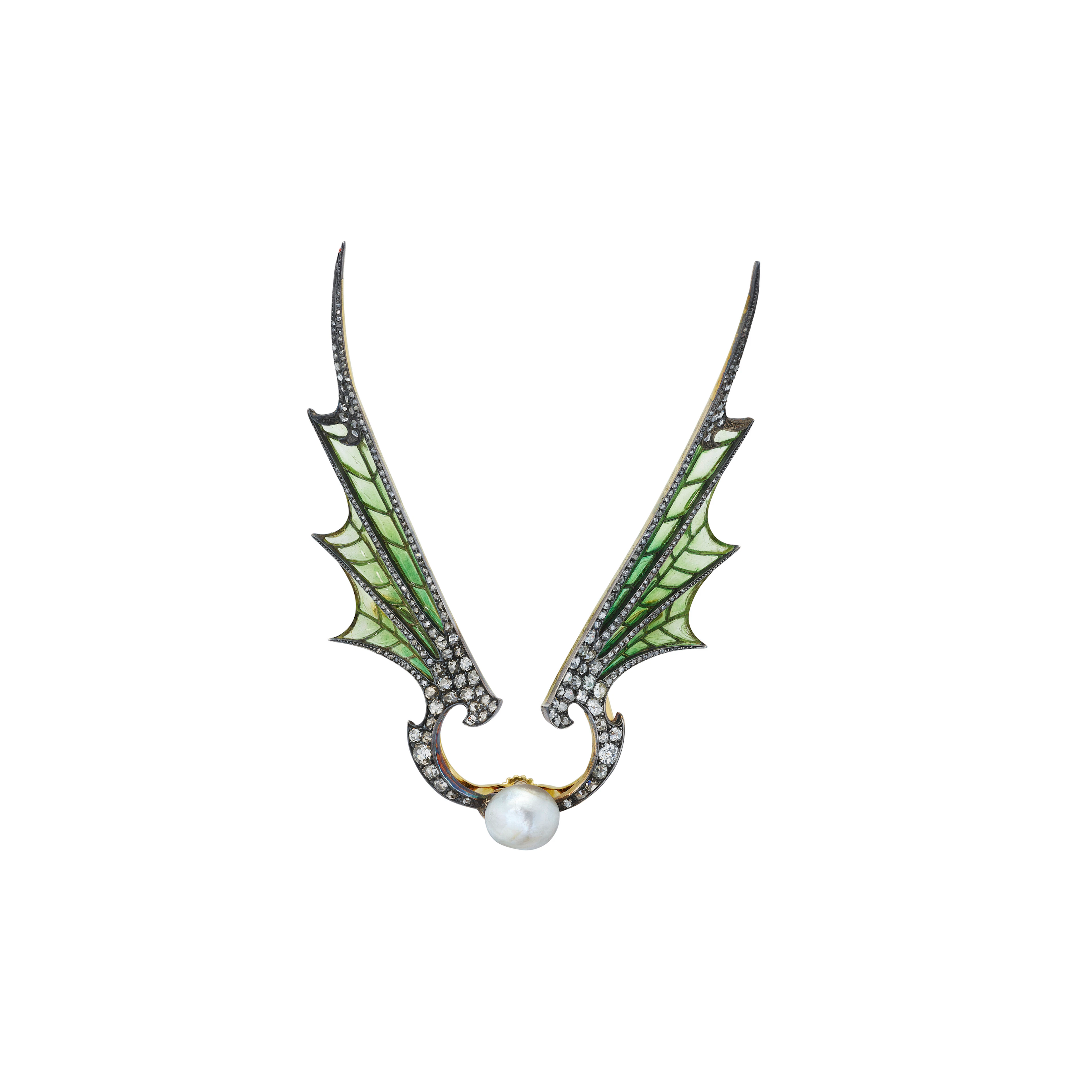 GEORGES FOUQUET ART NOUVEAU BAROQUE PEARL, DIAMOND AND ENAMEL 'WINGS' BROOCH