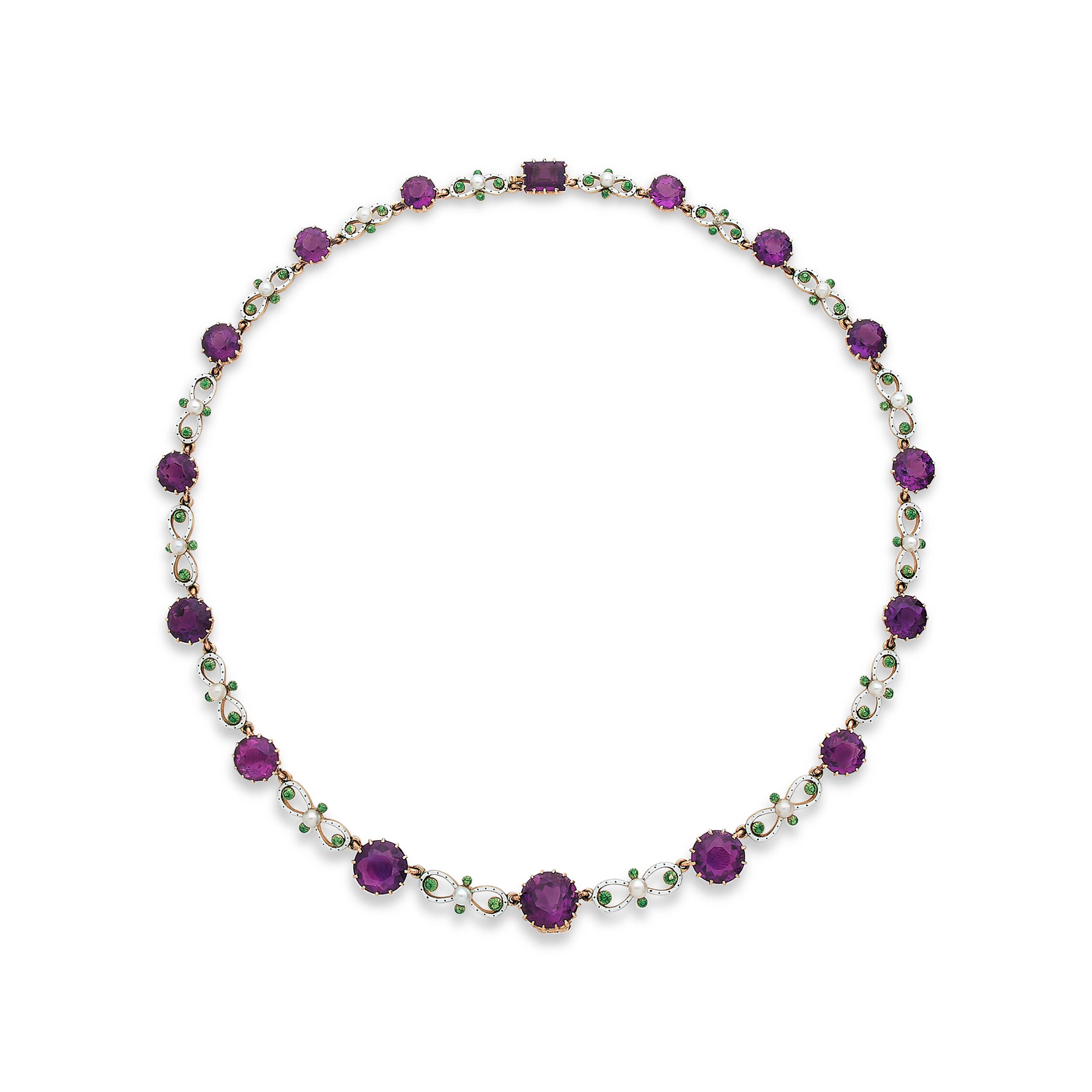 COLLIER ÉPOQUE ÉDOUARDIENNE 'SUFFRAGETTE' AMÉTHYSTES, PERLES FINES ET ÉMAUX
