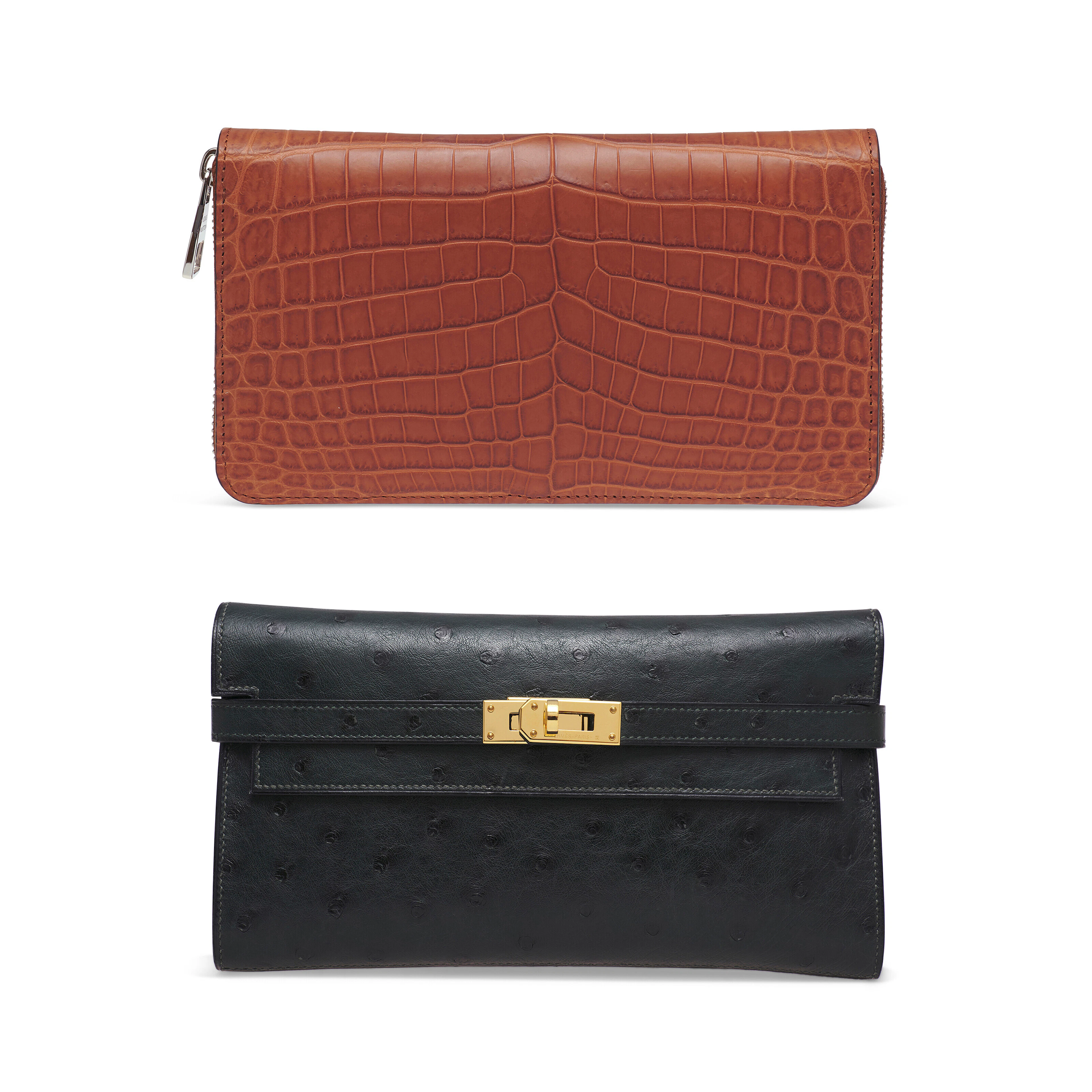 A SET OF TWO: A MATTE BROWN CROCODILE ZIPPY WALLET WITH...