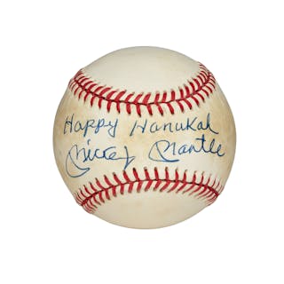 MICKEY MANTLE SINGLE SIGNED AND INSCRIBED "HAPPY HANUKAH" BASEBALL