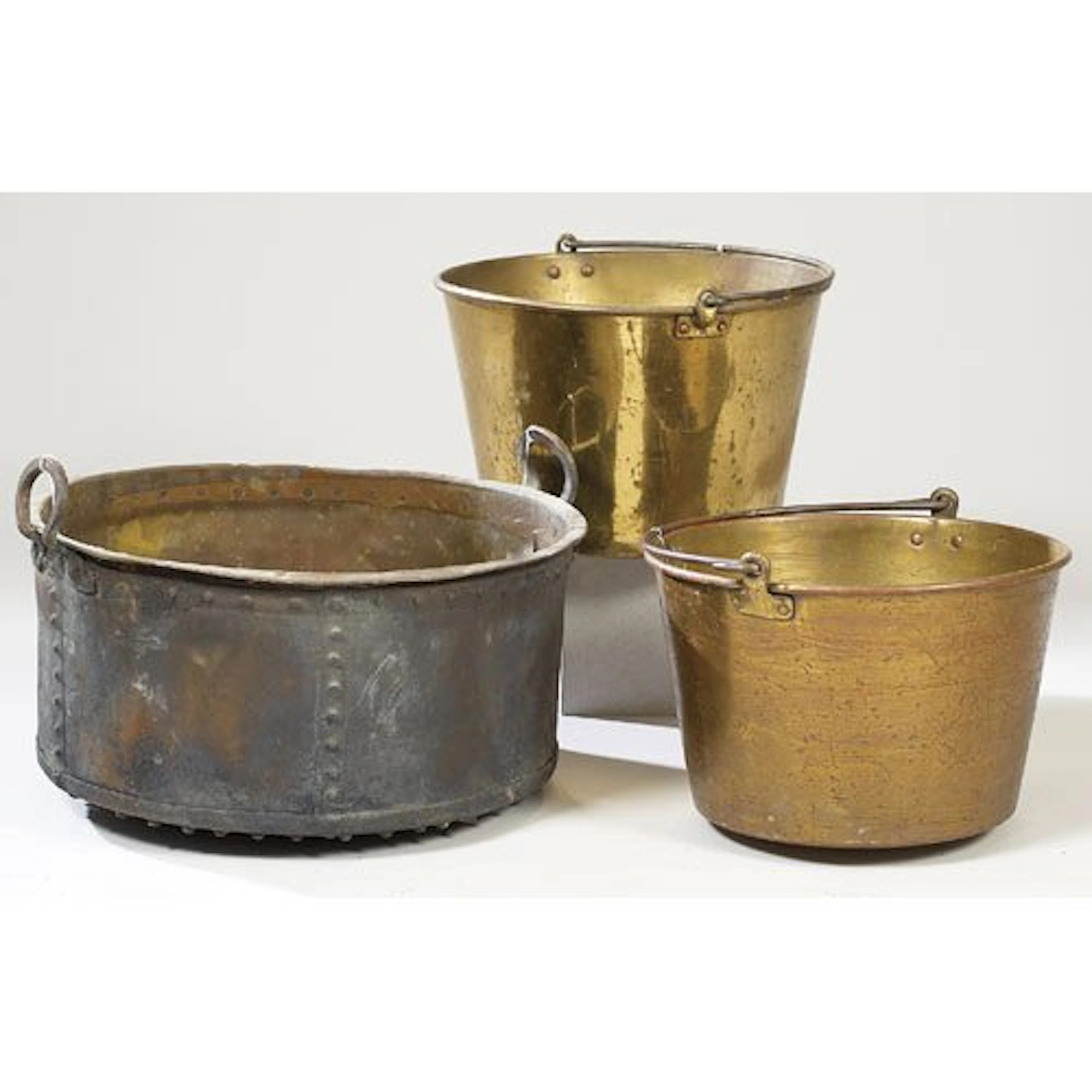 Two Spun Brass Buckets & Riveted Copper Pan, lot of 3; each brass