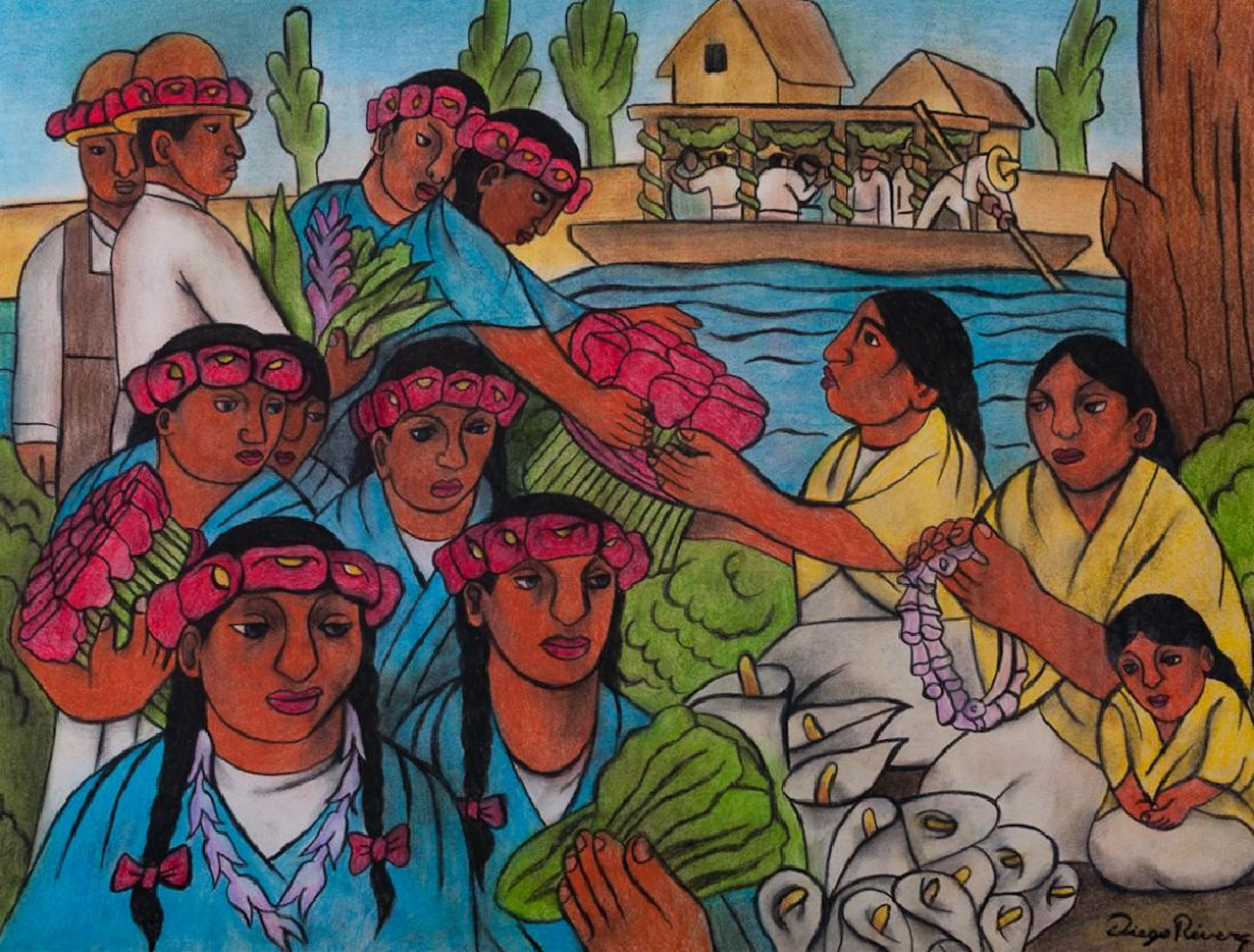 Diego Rivera "Xochimilco" Pastel Drawing