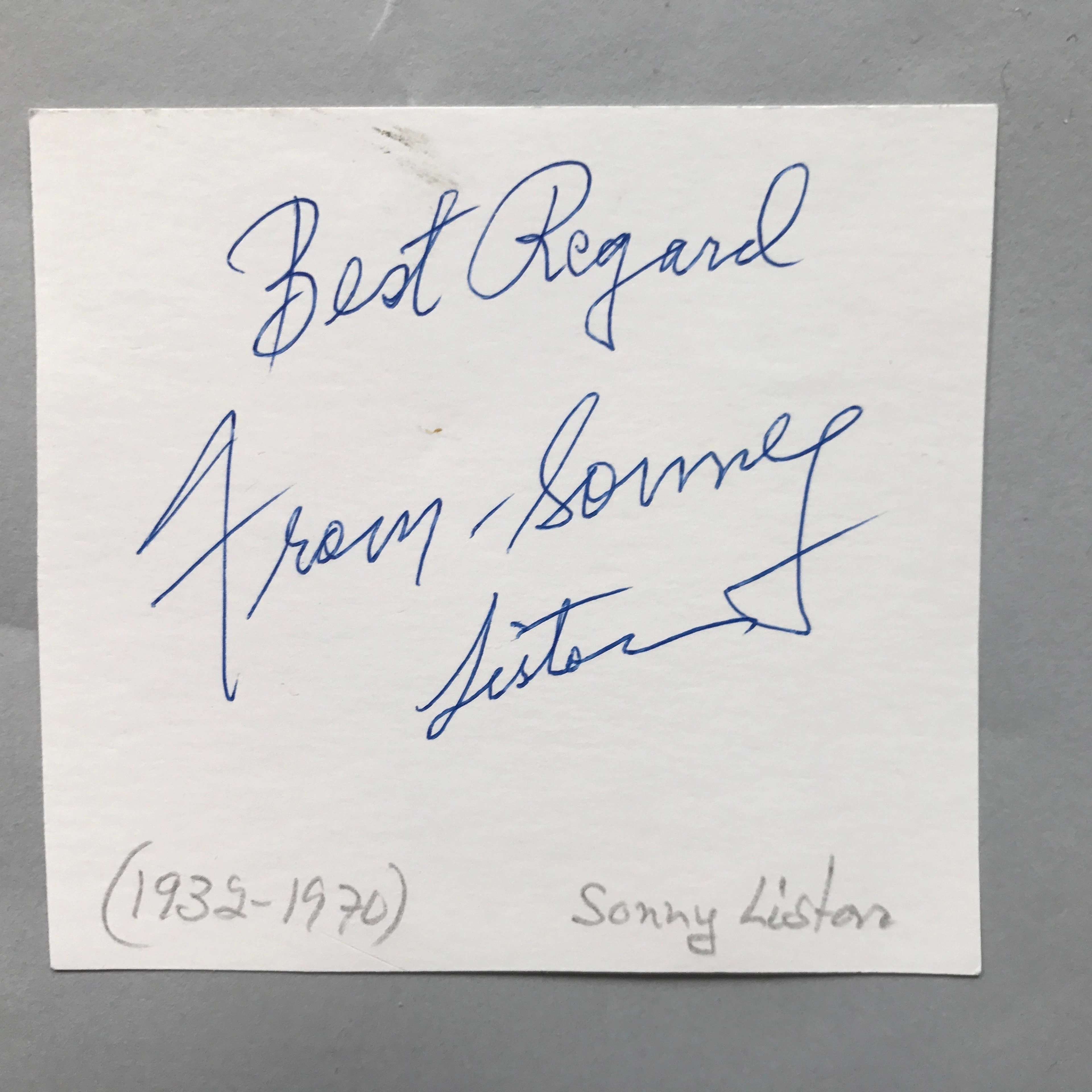 AUTOGRAF. SONNY LISTON (1932-1970), AMERIKANSK TUNGVIKSTMÄSTARE I BOXNING.