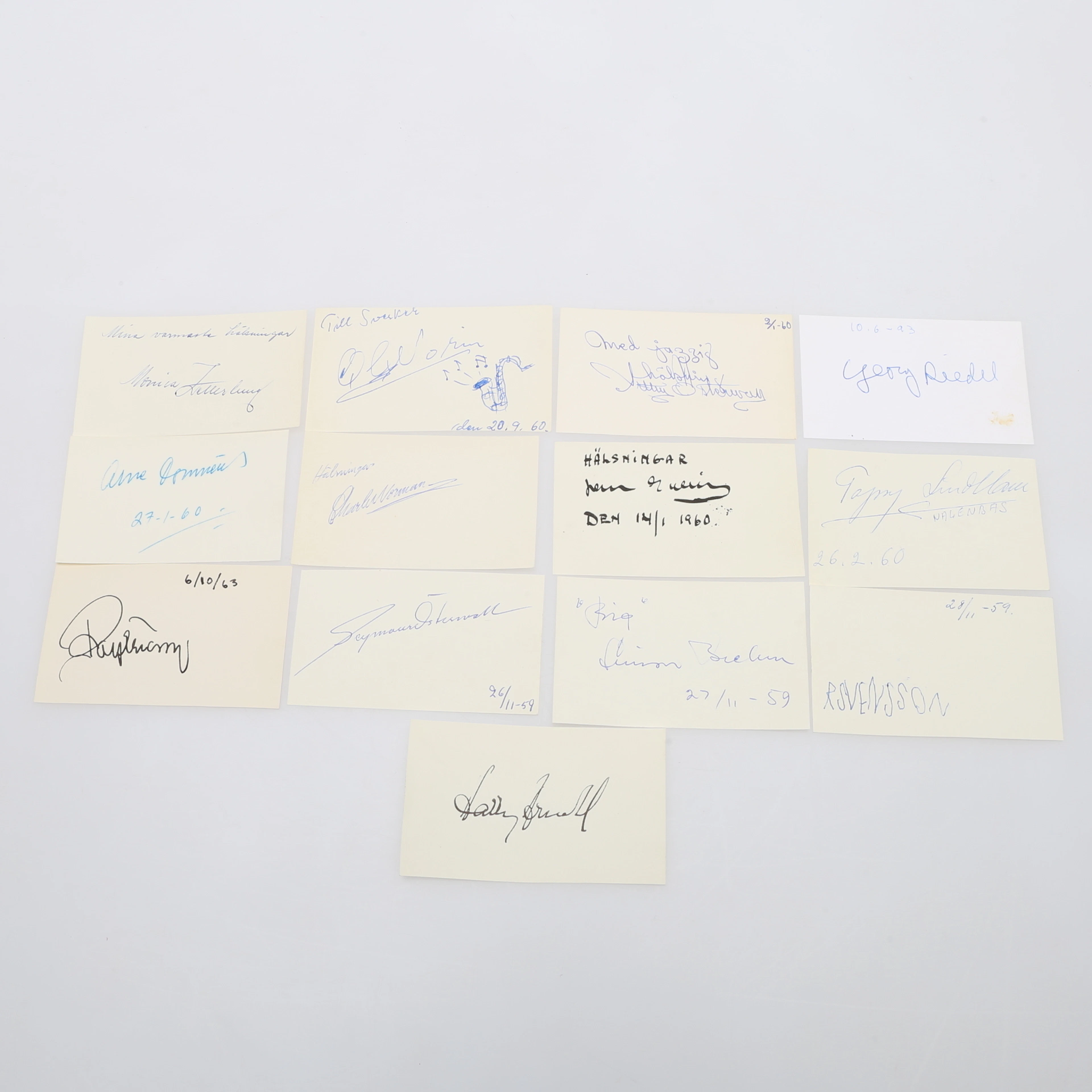 AUTOGRAF. 13 svenska jazzmusiker - inkluderande Lars Gullin och Monica Zetterlund.