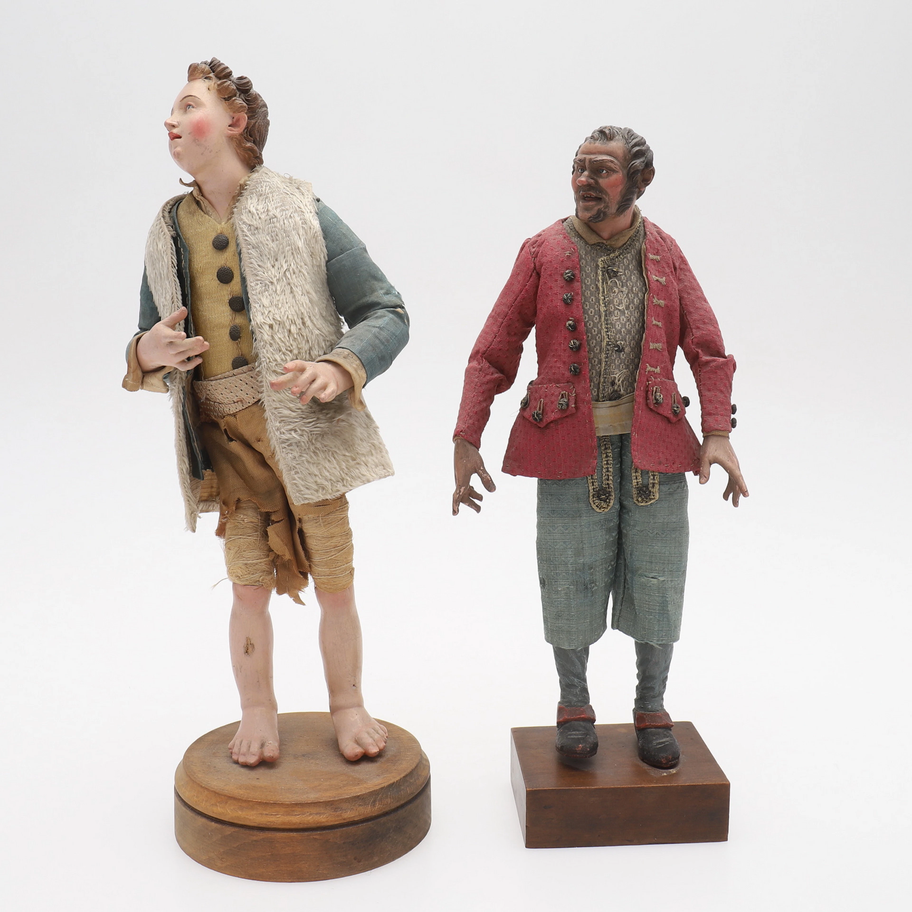 CRECHEFIGURER, 2 ST, Giuseppe Sanmartino, sannolikt hans krets/efterföljare, terracotta/träskurna, bomullsklädsel, 17/1800-tal.