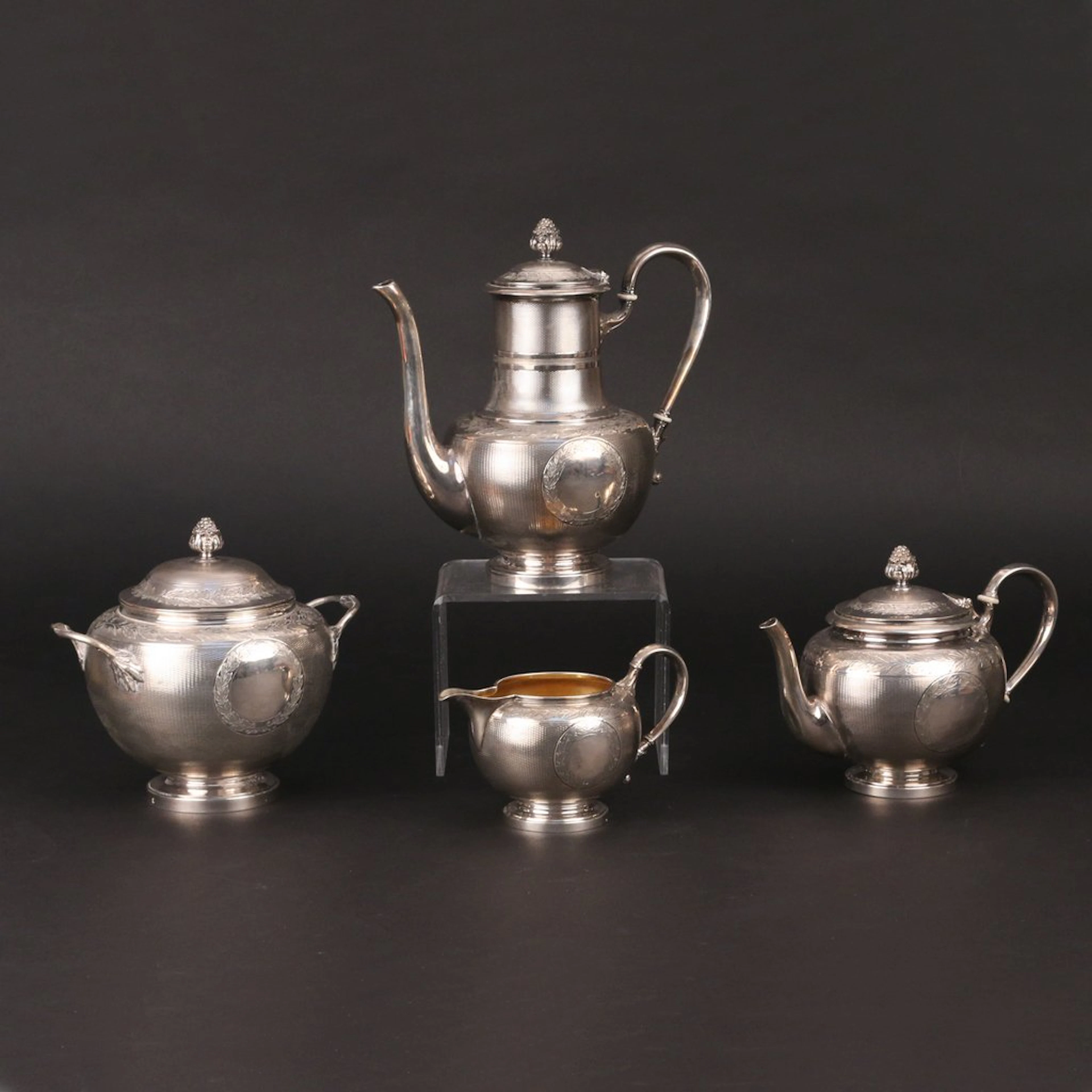(4pc) ODIOT GUILLOCHE SILVER TEA SERVICE