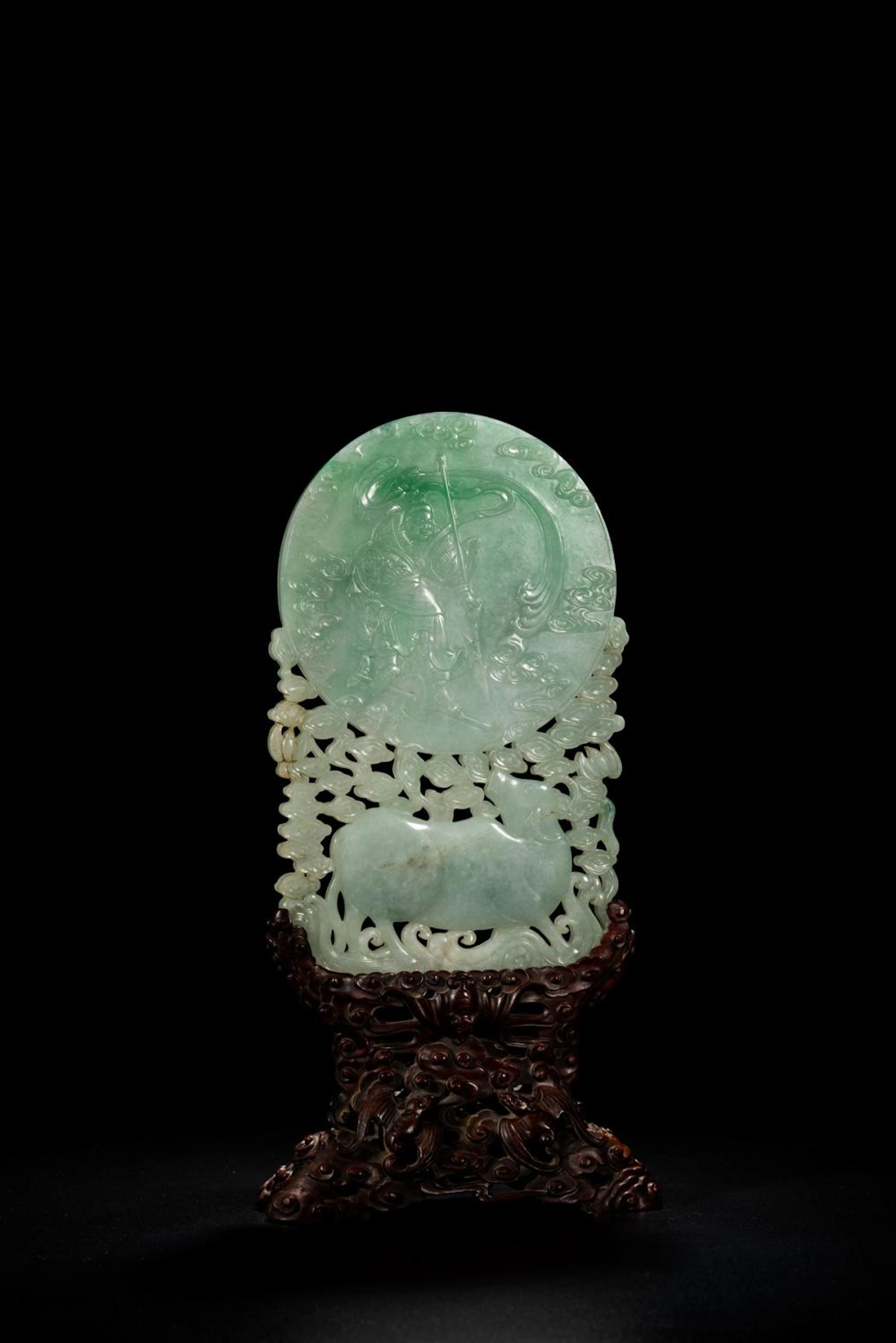A JADEITE CARVED 'BUFFALO WATCHING MOON' TABLE SCREE