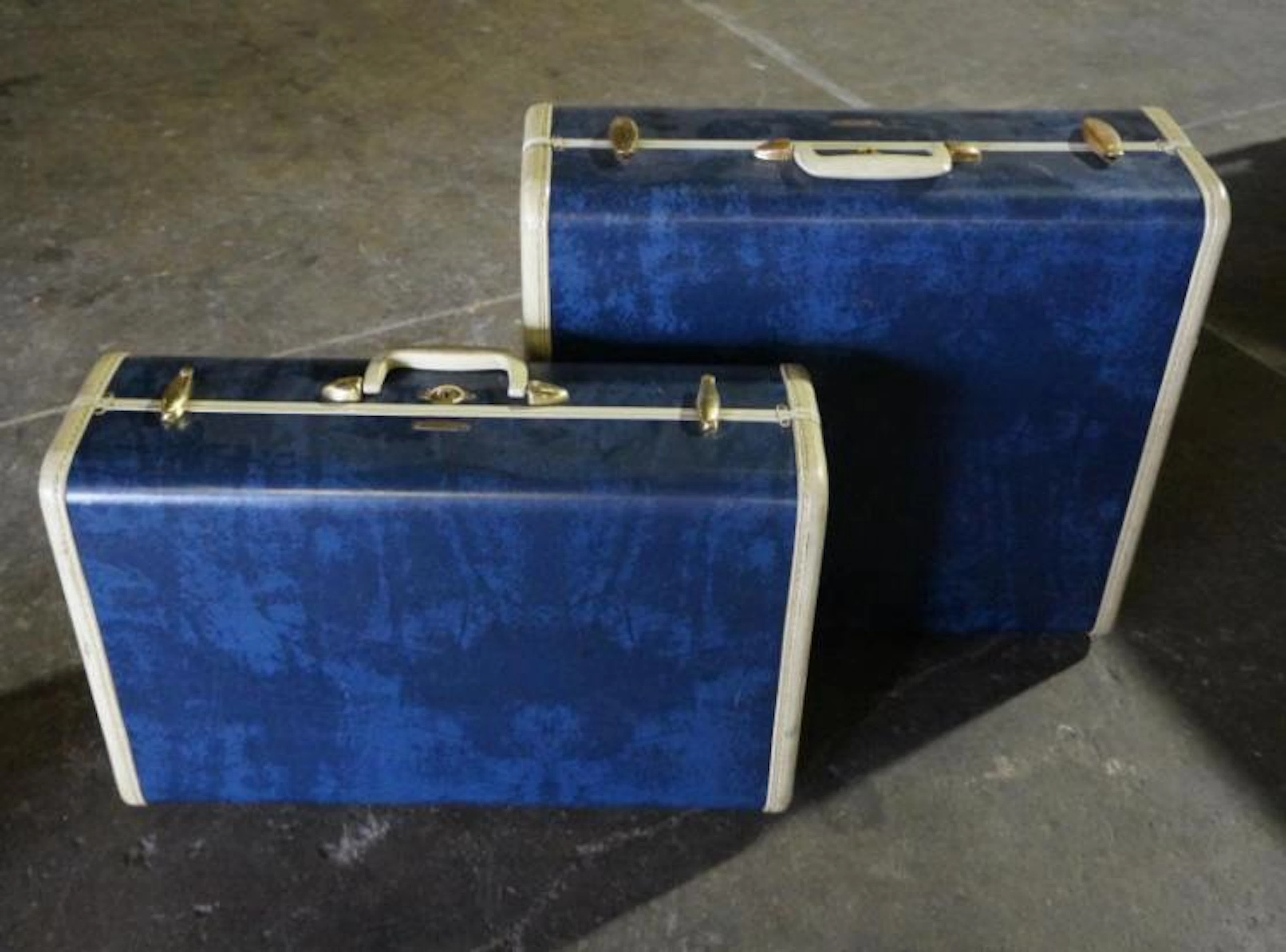 2 Vintage Blue & White Samsonite Luggage Suitcases