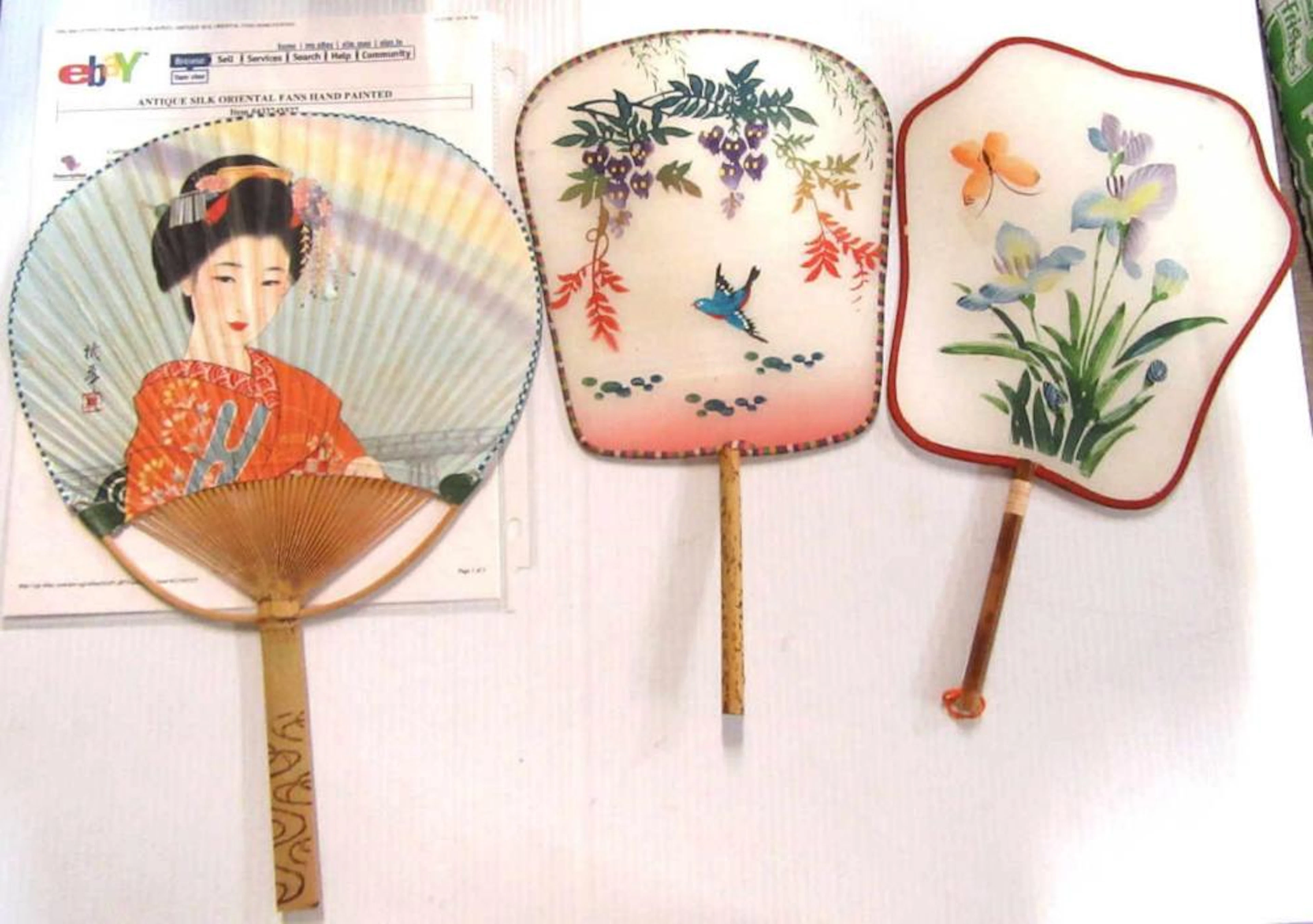 Antique Silk & Paper Oriental Hand Painted Fans