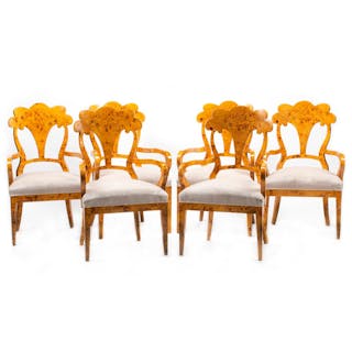 Six Biedermeier-Style Carved Burlwood Armchairs