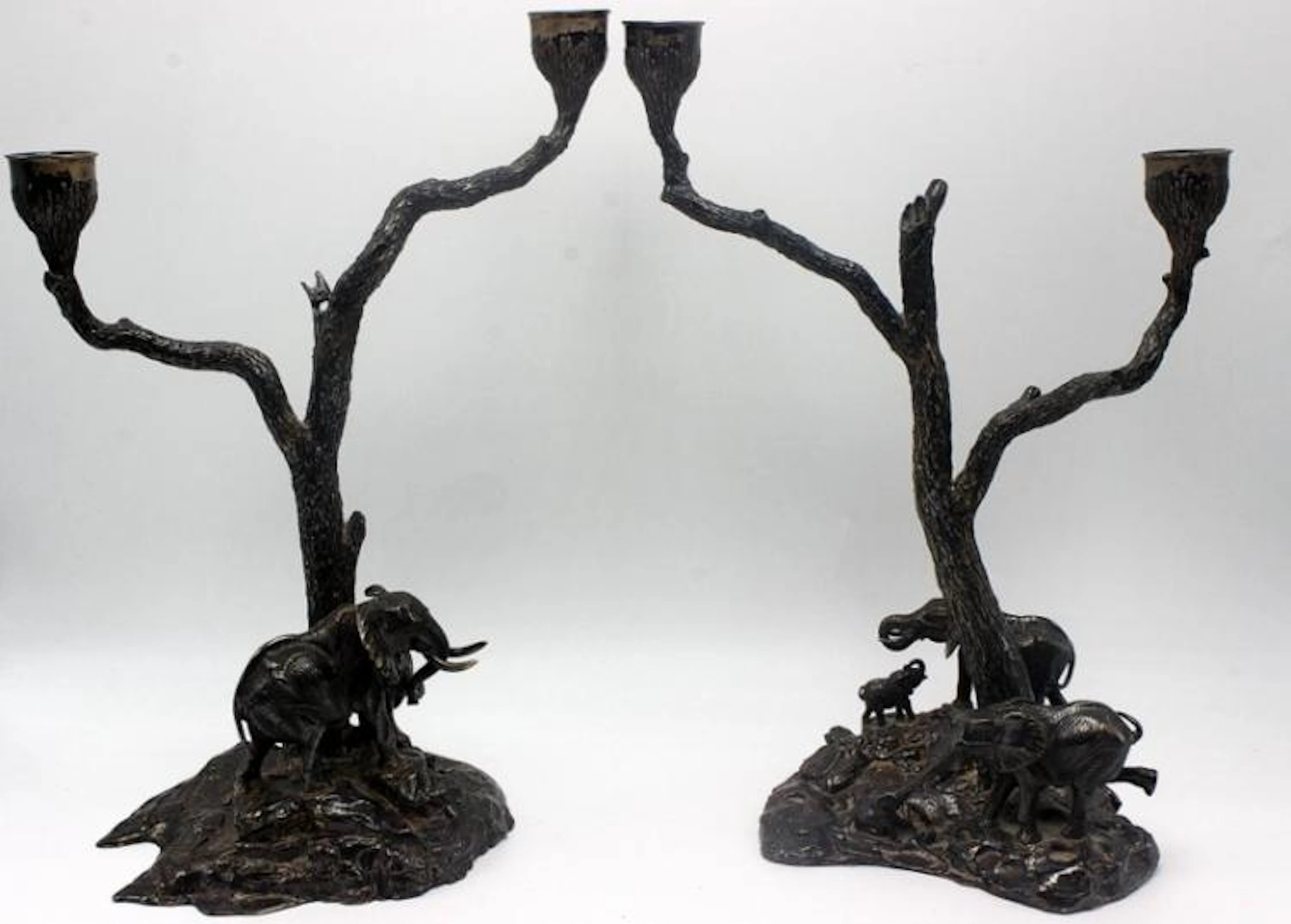 Rare Patrick Mavros Elephant & Mopane Tree Sterling Candelabras