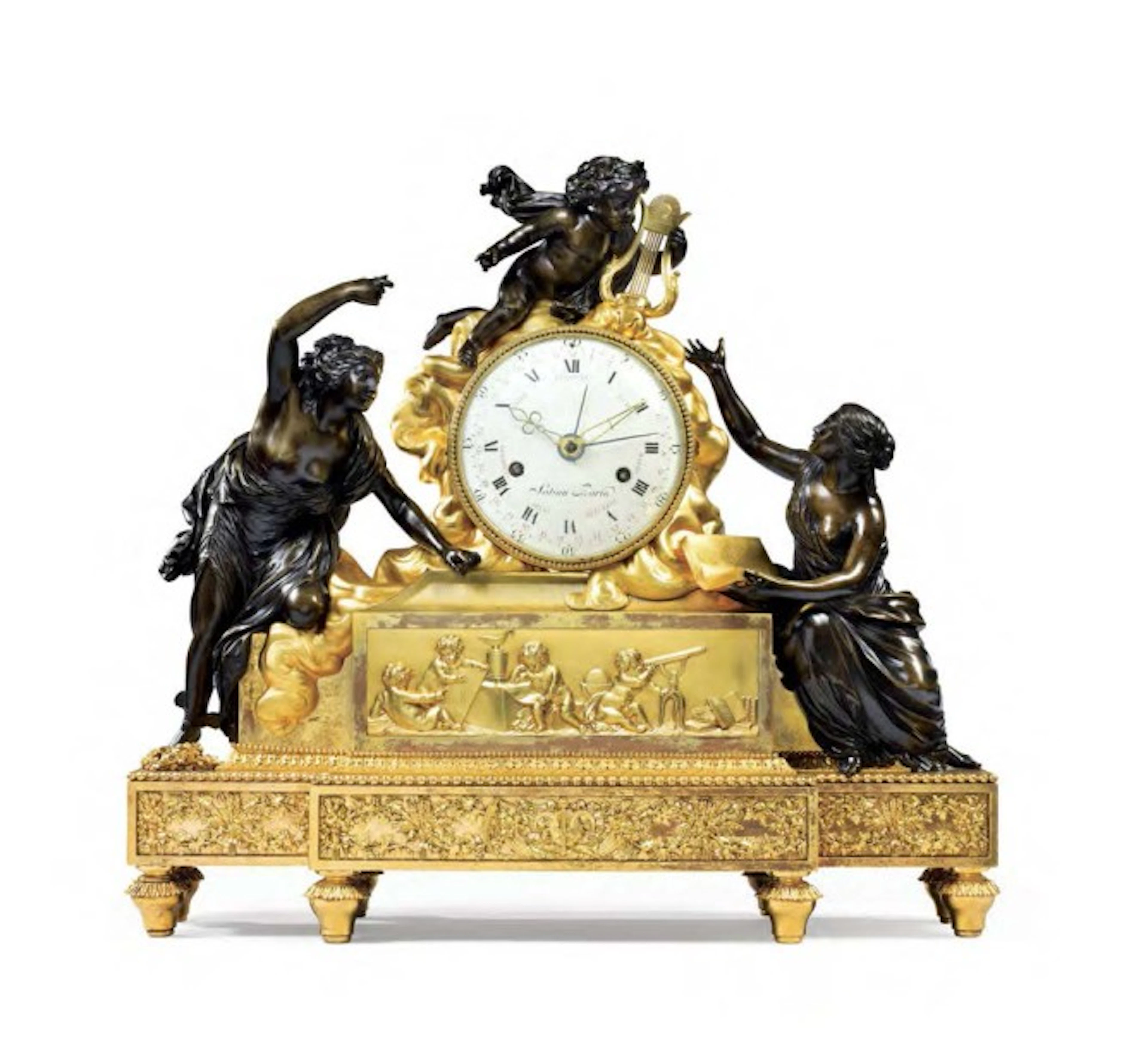 Pendule à la Vigilance et à l'Etude en bronze patiné et doré d'époque Louis XVI