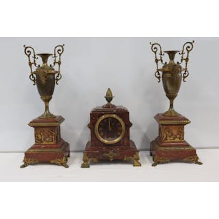 Victorian Bronze & Rouge Marble Clock Garniture