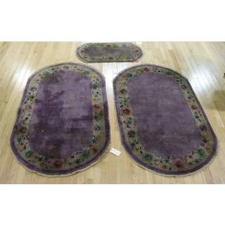 3 Art Deco Oval Hand Knotted Area Carpets.