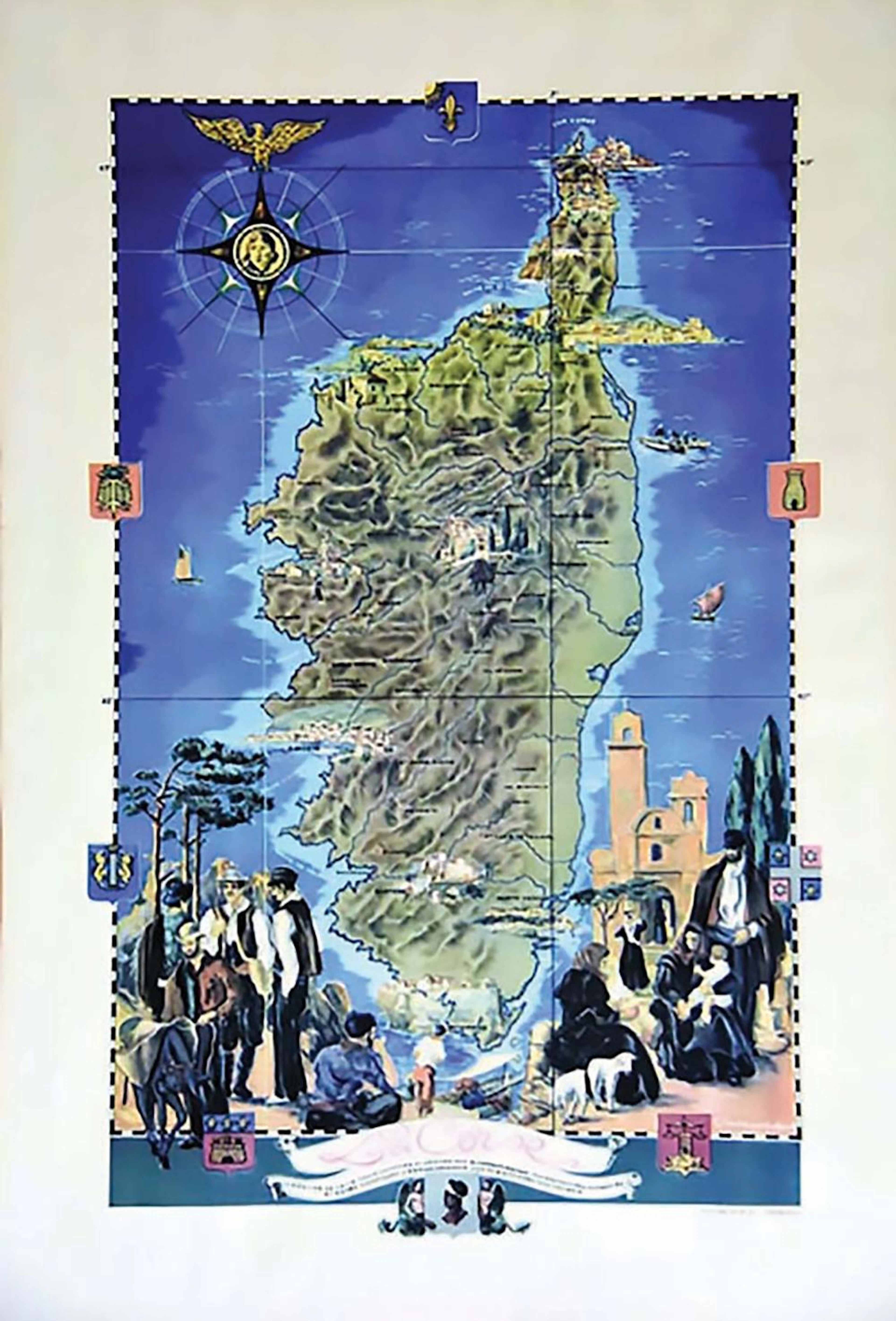 La Corse carte avec tous les lieux important de Corse vers 1950