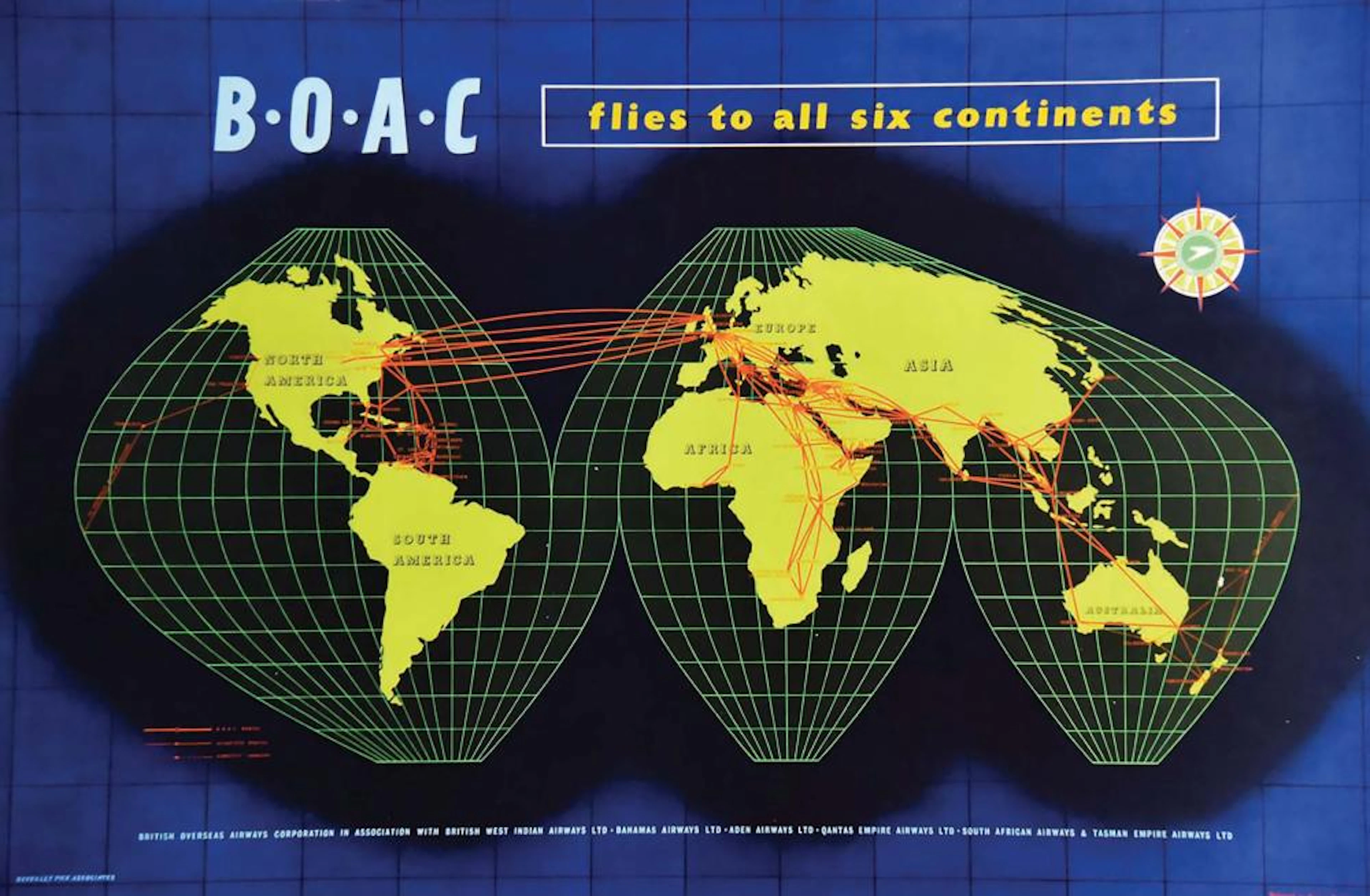 BOAC - Flies to all Six Continents Planisphère vers 1950