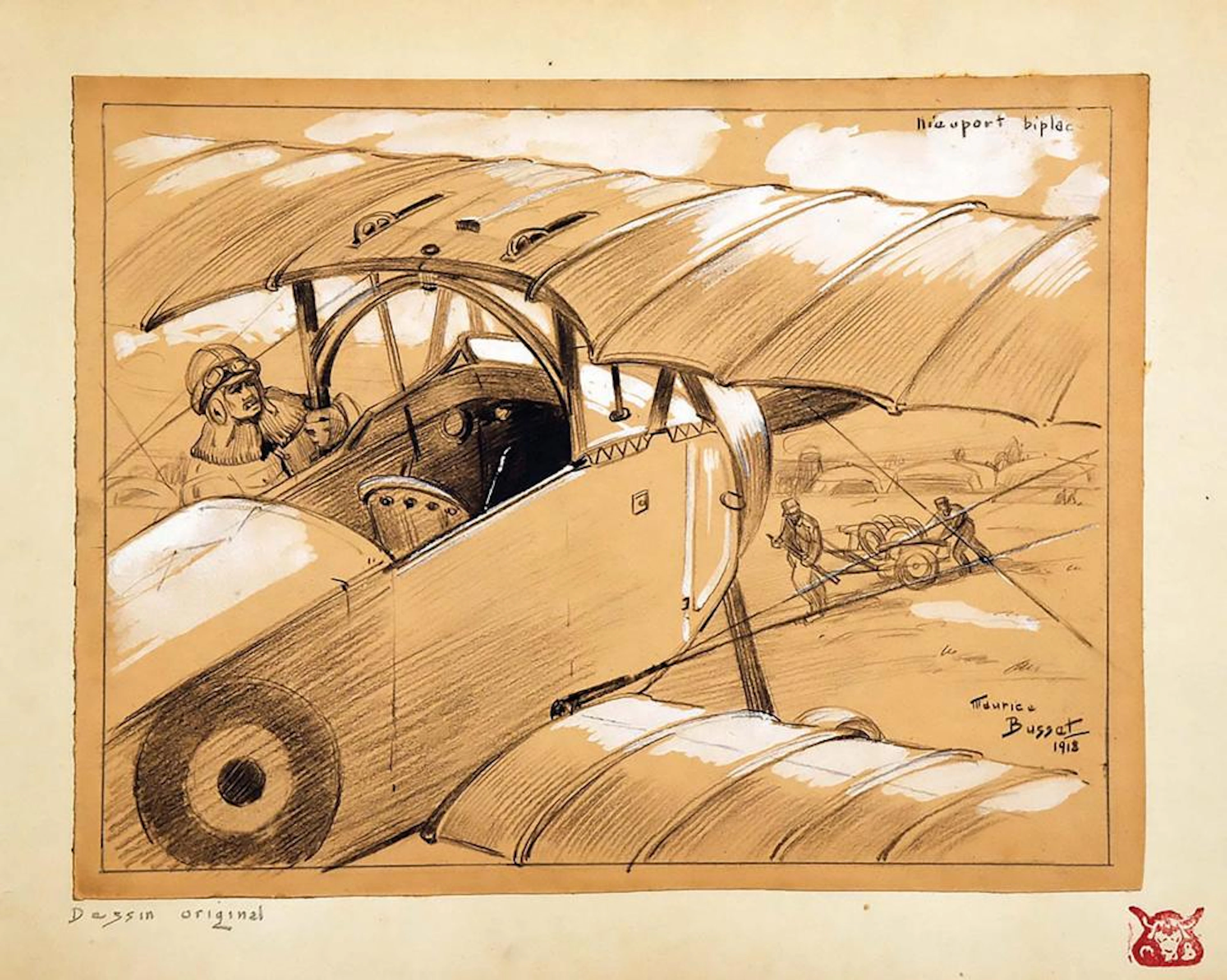 Nieuport Biplace Gouache et crayon signé Maurice Busset 1918
