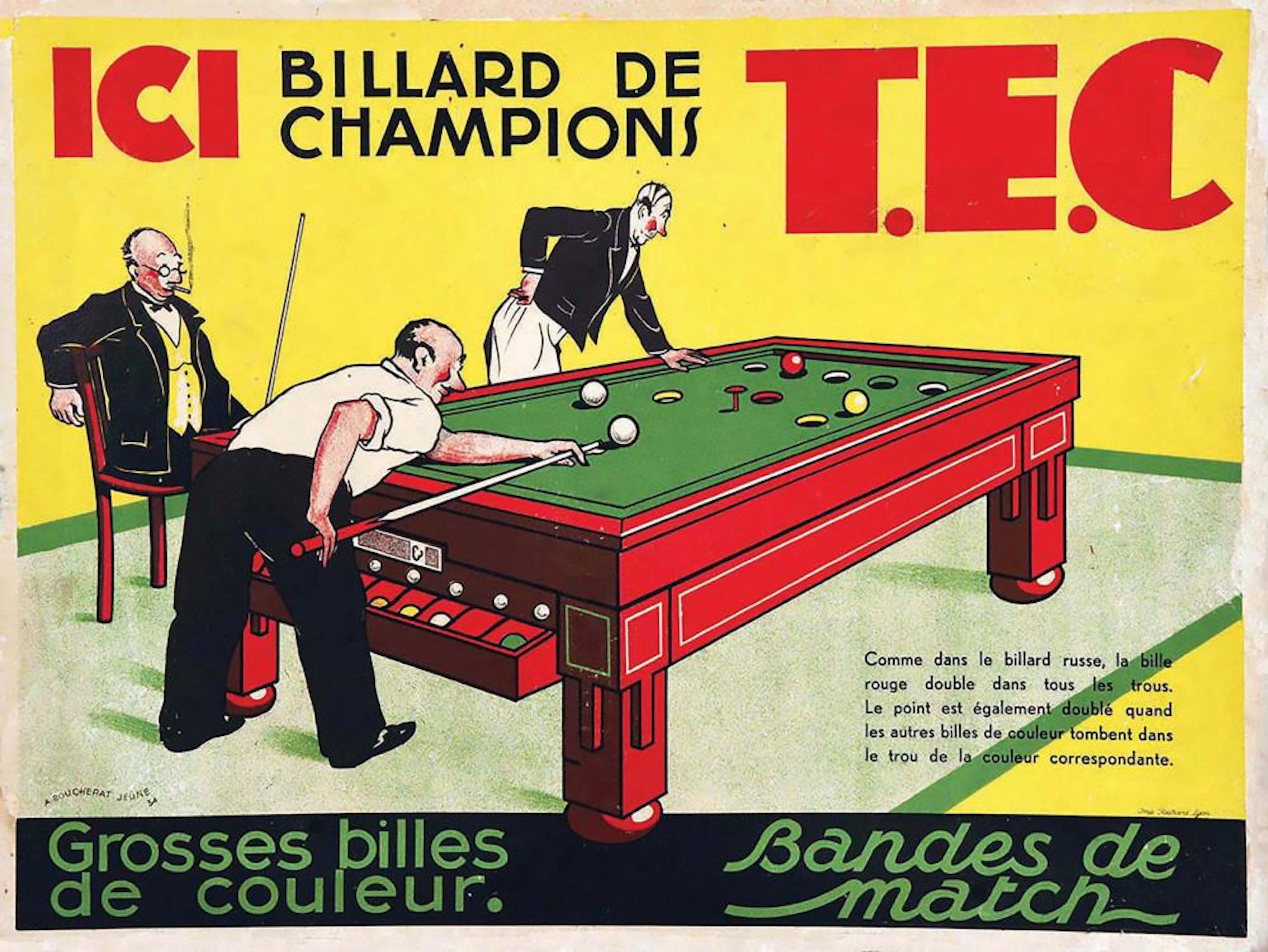 Billard des Champions T.E.C Grosses Billes de Couleur Bandes de Match 1934
