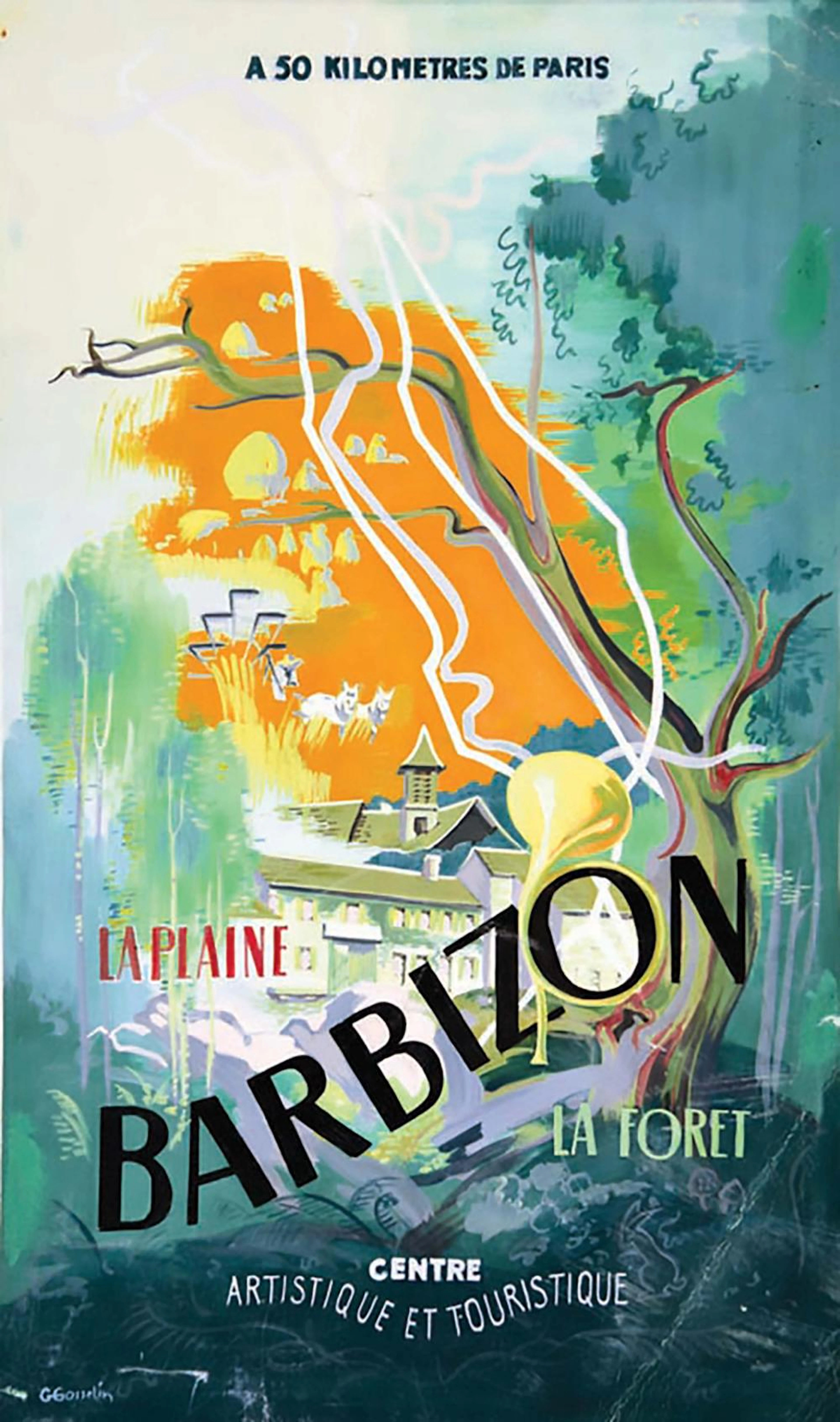 Barbizon - La Plaine La forêt Gouache signée Gosselin vers 1930