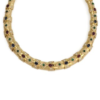 Estate 21.5ct Diamonds 18k Gold Ruby Sapphire & Emerald Necklace
