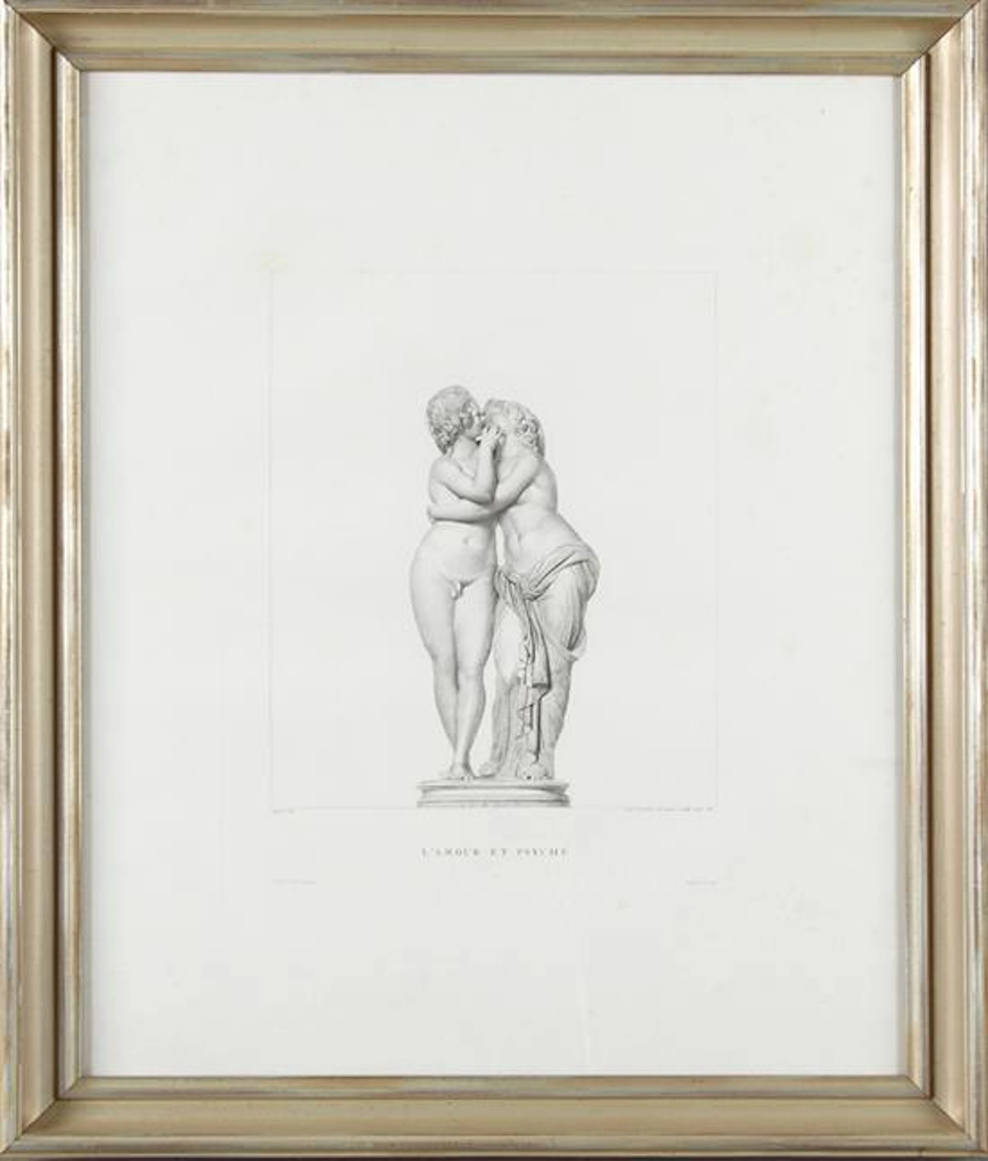 Jean Auguste Ingres (1780-1867), "L'Amour et Psyche," 19th c., black and white etching of marble statuary, presented in a silvered f..