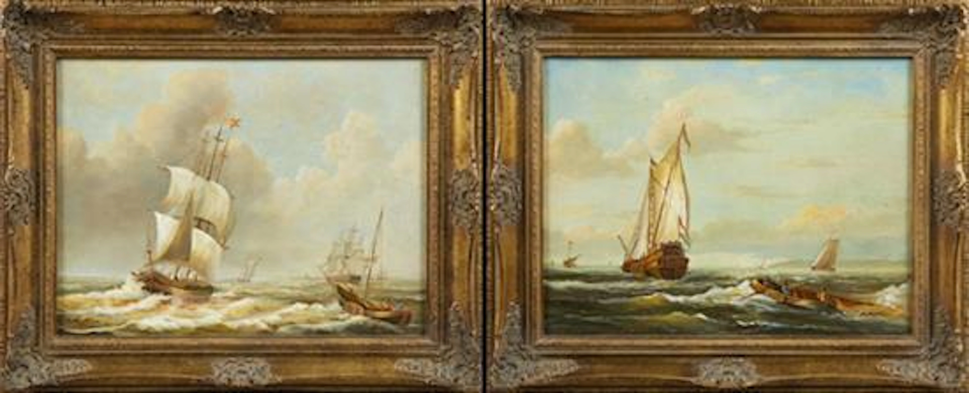 †Ernest Ponthier de Chaimaillard (1862-1930), "Ships at Sea," early 20th c., pair of oils on canvas, each signed "E. Ponthier," prese..