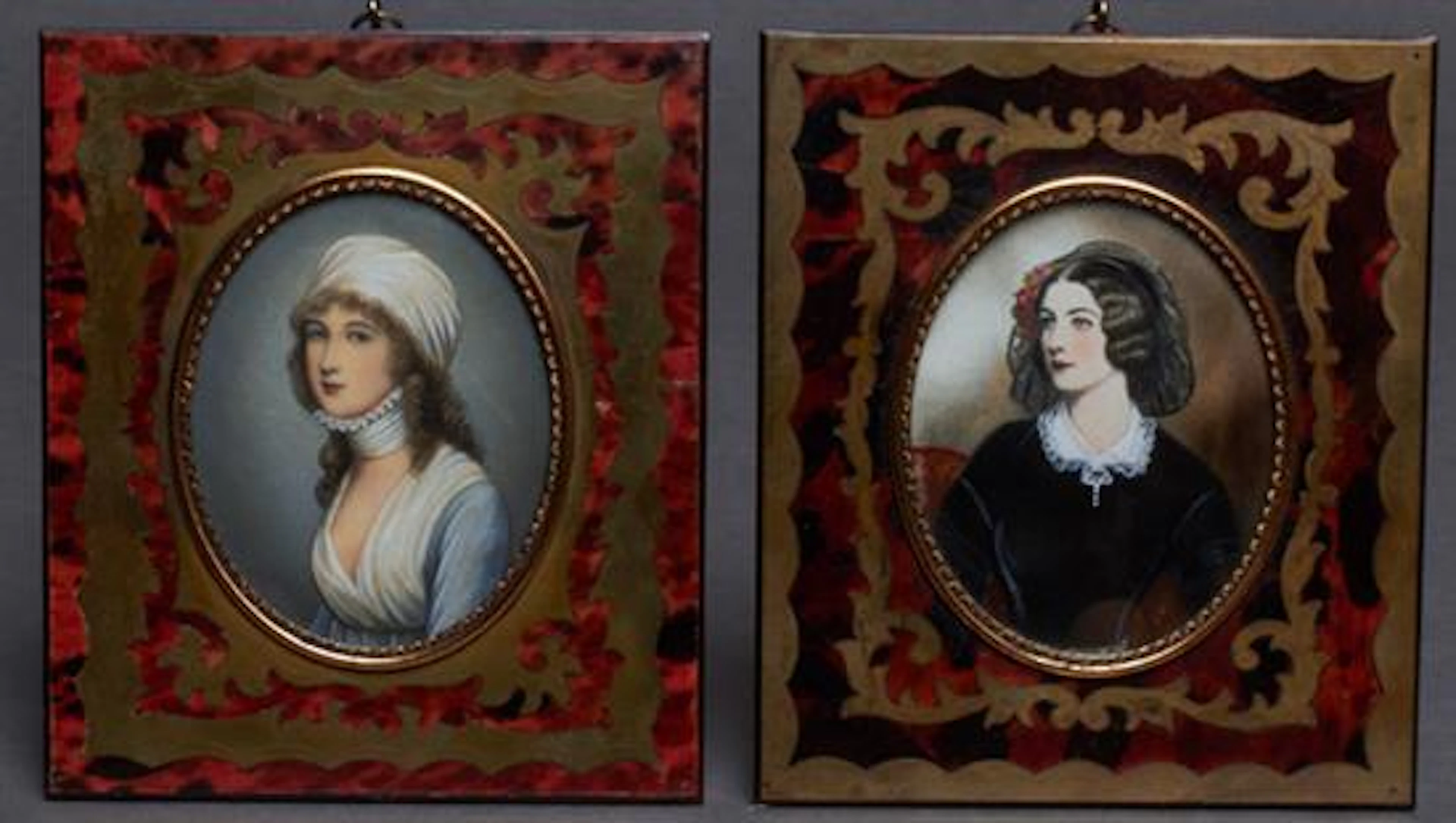 After Joseph-Karl Stieler (1781-1858, German), Two Oval Portrait Miniatures, 19th c., oil on ivory, one of a woman in a black dress ...