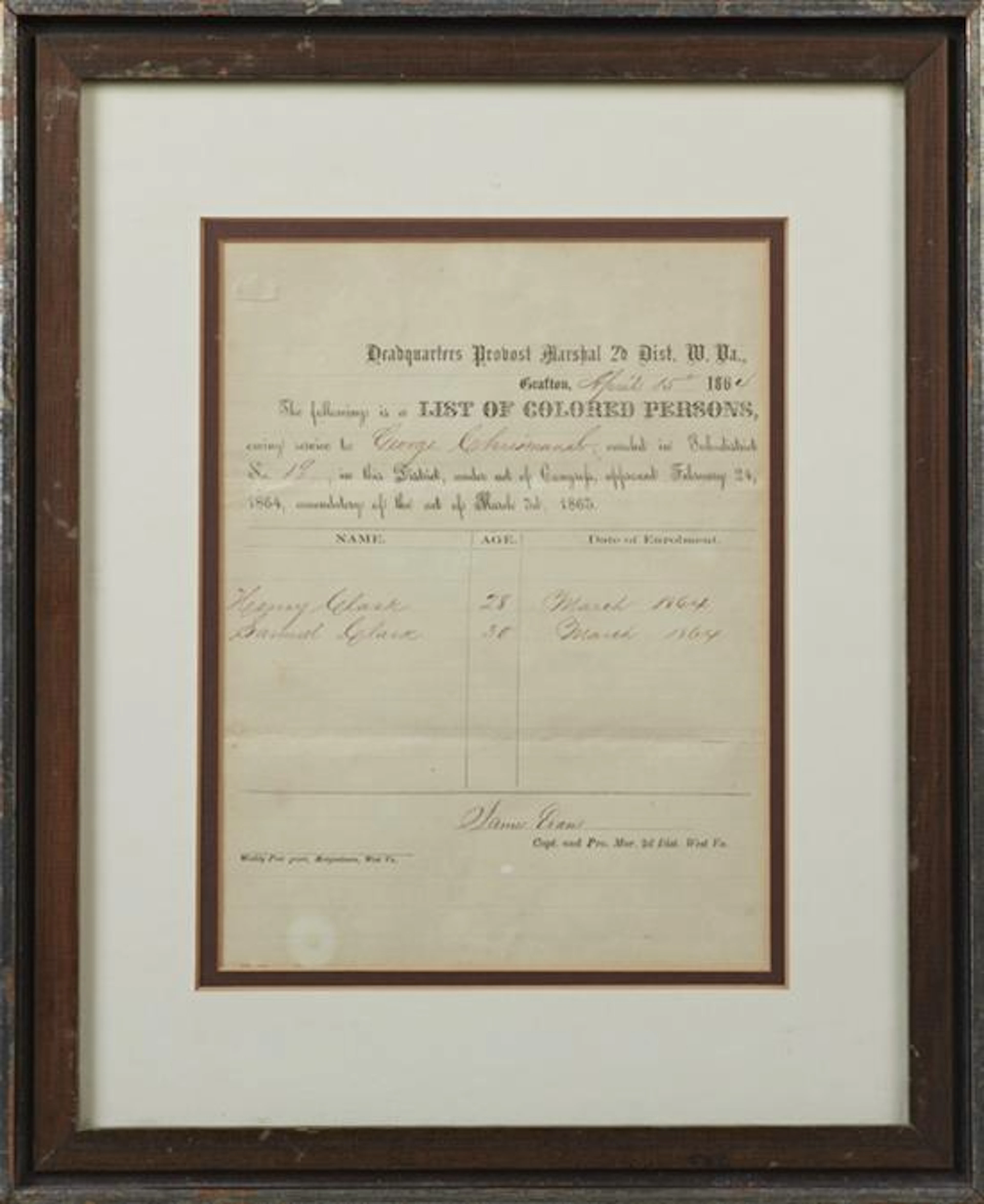 Slave Document, April 15, 1864, West Virginia, from the Headquarters of the Provost Marshal, 2d District, W. Va., being a list of co...