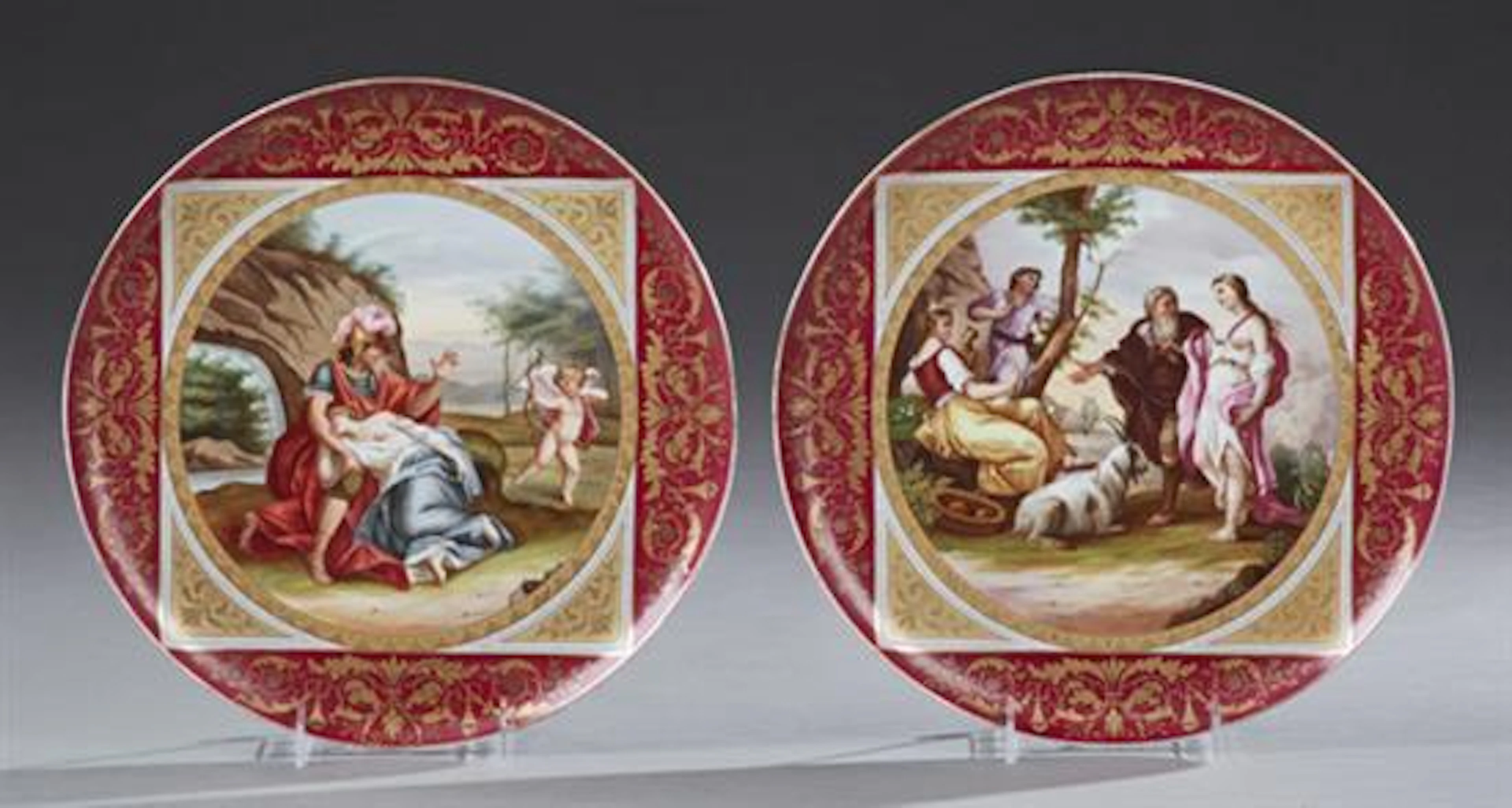 After Ernst Ludwig Plass (1855-1917), "The Temptation," and "Mars and Venus," 19th c., pair of Royal Vienna chargers, the borders wi...